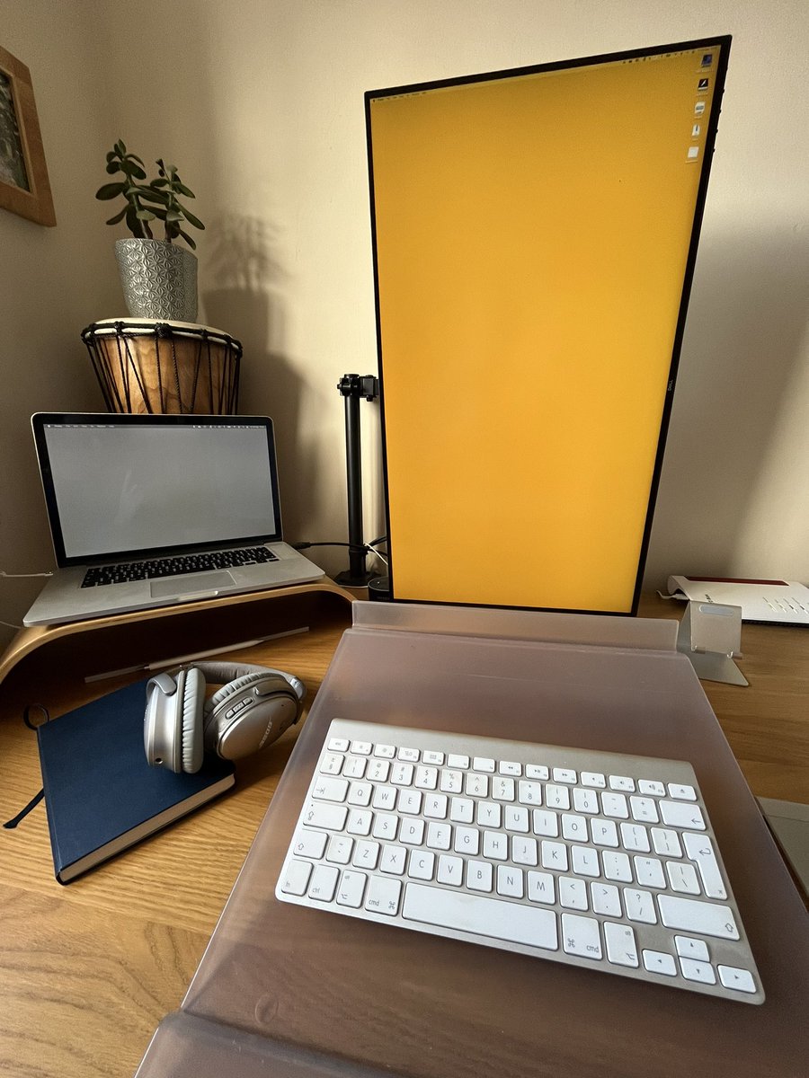 siicockerill's tweet photo. @marcusdburnette This. But the laptop is closed a lot of the time. I used to use the monitor horizontally, but I had the most terrible neck ache from tilting left-right… this solved all of that. https://t.co/YKOZojLyC6
