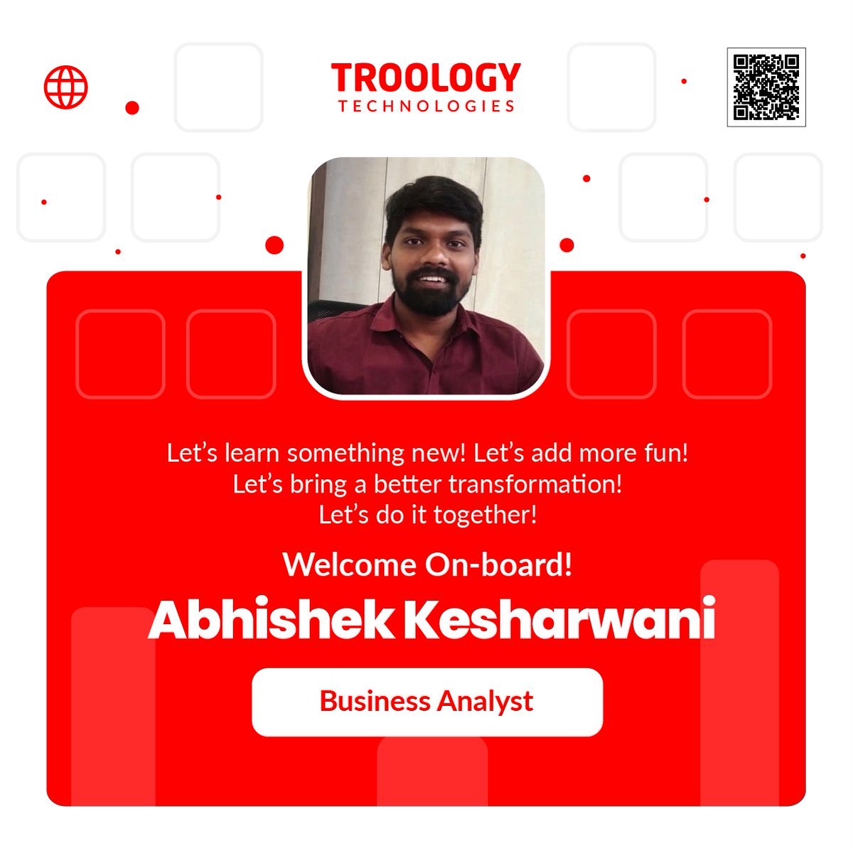 TROOLOGY's tweet photo. We are delighted to introduce Abhishek Kesharwani, the latest addition to our Business Analyst team at TROOLOGY Technologies! 

#like #environment #developer #creativity #projects #newjoinee #newjoiners #hiring #newhire #welcome #hiring #newjob #jobs #onboarding #newemployee https://t.co/pUdn0IxMPu