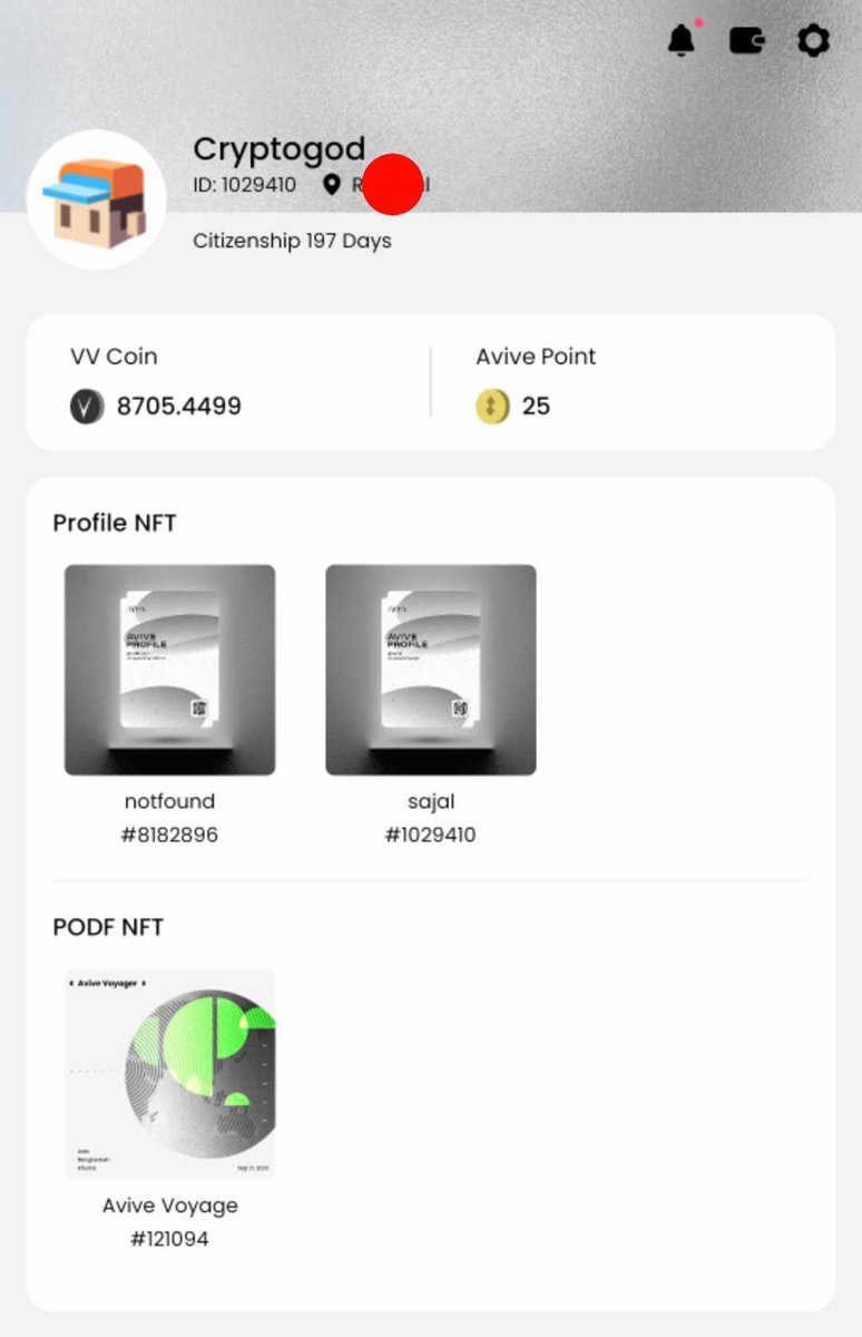sajal0x's tweet photo. Dear #avive citizens, check your profile section. We're closer to entering Mainnet.
$VV to the moon 🌙 soon.
#Avive #AvivePartner #AviveCitizens #AviveProfile #AvivePoints #NFT #Bitcoin #Cryptogod https://t.co/H9zqB6PeGk