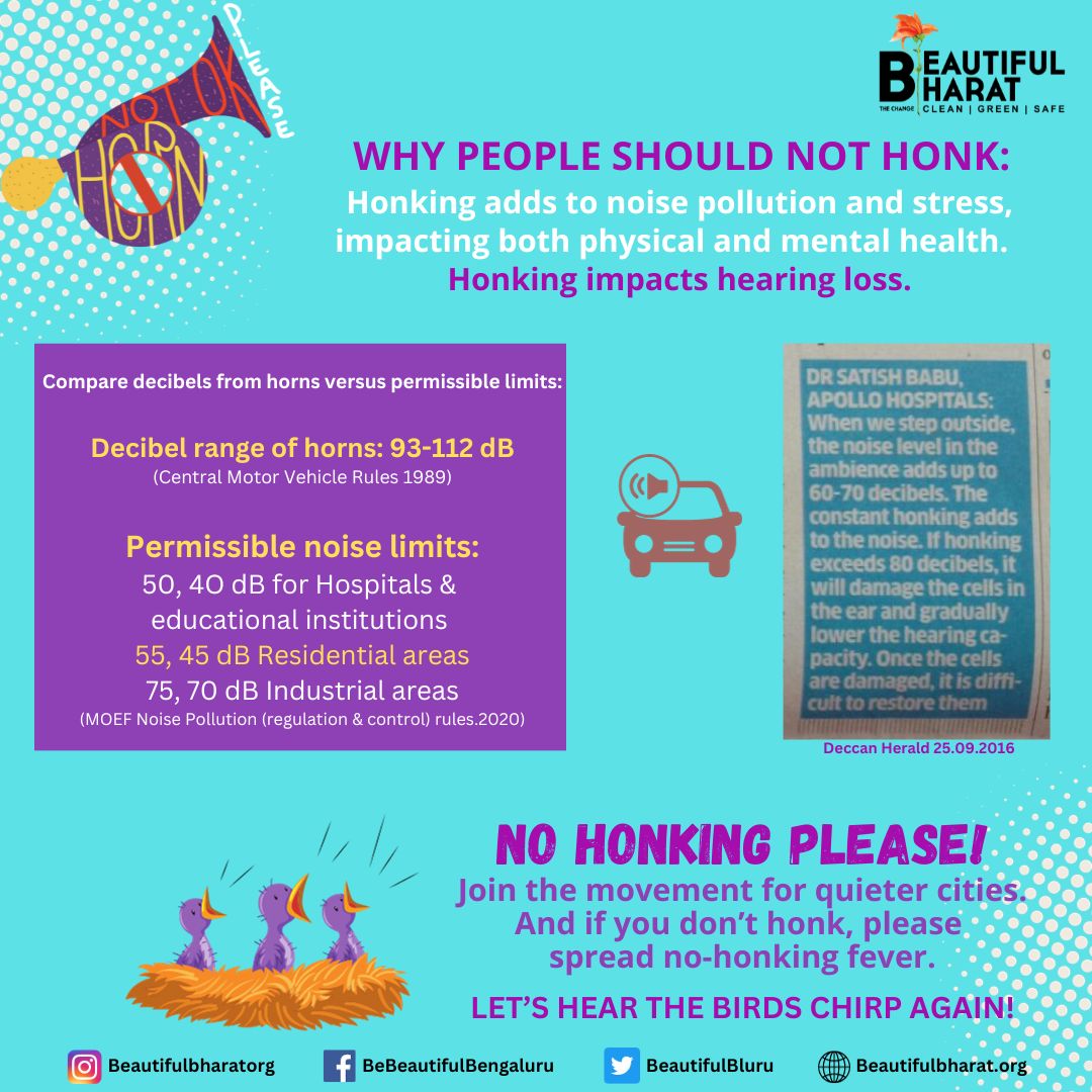 BeautifulBluru's tweet image. Honking at 93-112 decibels is way above comfort levels. Silence is golden for your well-being! 
Choose a serene, healthy city and spread the #NoHonking culture. Join the movement for a quieter world. Fill out our survey on honking culture in India: forms.gle/YhCp4bukgyh7Rj…