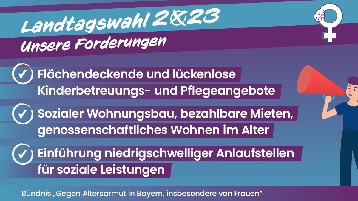 lfrbayern's tweet photo. #BayLFR und #Bündnis gegen #Altersarmut in Bayern,  insbesondere von Frauen, zur Landtagswahl am 8. Oktober 2023 https://t.co/RBmHsrGi1P