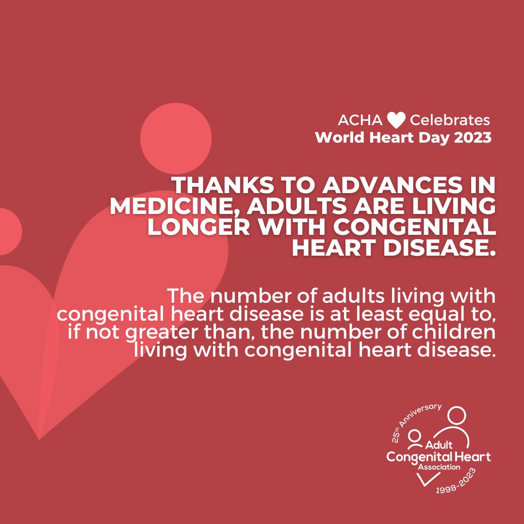 Today is World Heart Day. Please celebrate with ACHA by spreading congenital heart disease (#CHD) awareness and learning more about adult CHD at achaheart.org. #ACHD #CHDCare4Life #ACHACares #1In100 #WorldHeartDay2023