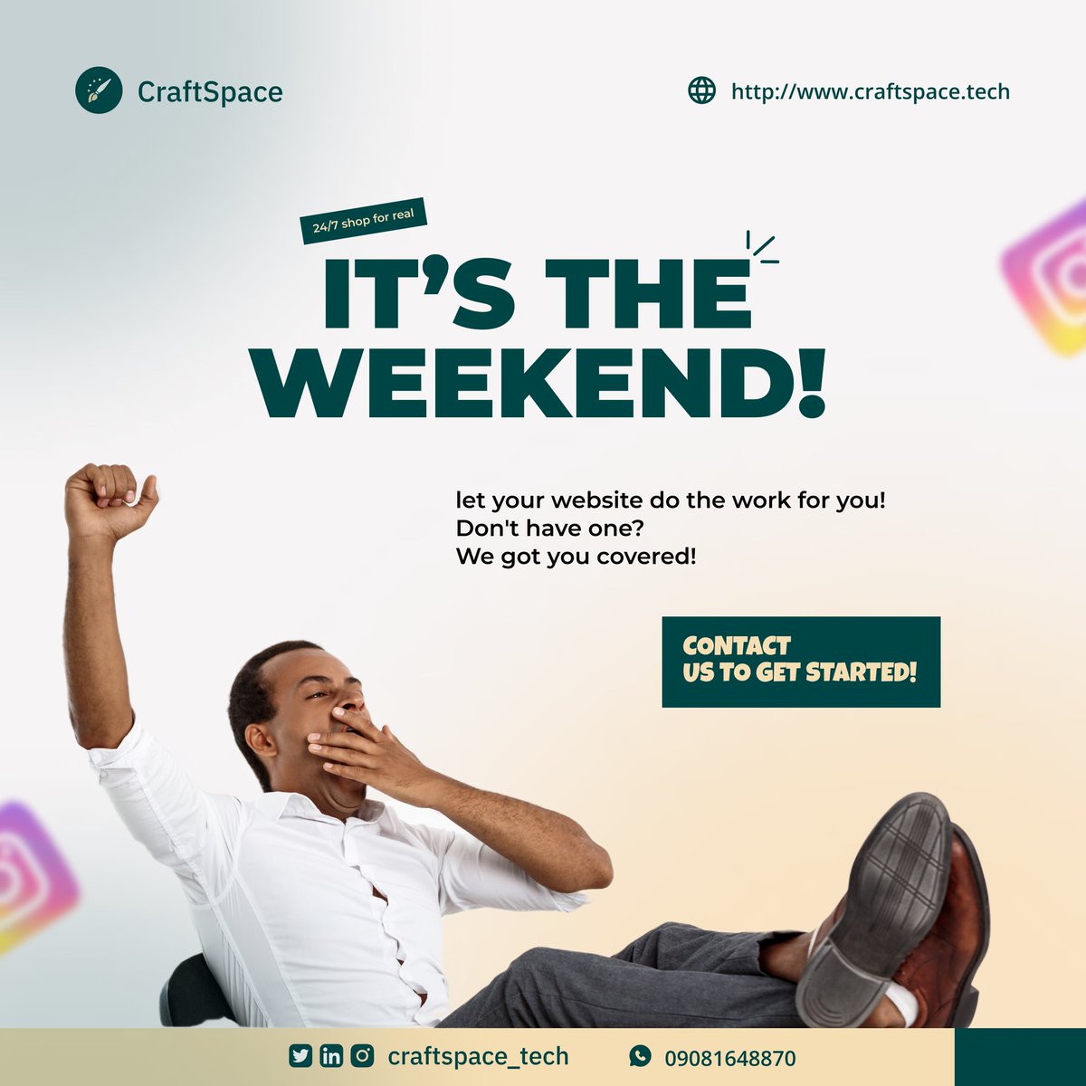 craftspace_tech's tweet photo. Get started with craftspace today..
Bring your business to the limelight while you sit back and enjoy.
It is possible.
Happy weekend๐๐ฅฐ
#craftspace #weekend #businessopportunity #webdesign #website #tgif #SalaarCeaseFire #LISAxCRAZYHORSEPARIS https://t.co/xhyIxGjgEo