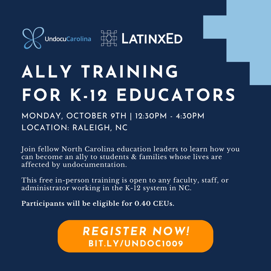 📢 Calling all counselors, teachers, administrators, &amp; staff in NC’s K12 school systems: Join us for <a href="/undocucarolina/">UndocuCarolina</a> Ally Training for K12 educators on Monday, October 9th from 12:30 to 4:30 PM in Raleigh, NC!

✍🏼 Sign up now: bit.ly/undoc1009

#NCEd #Education