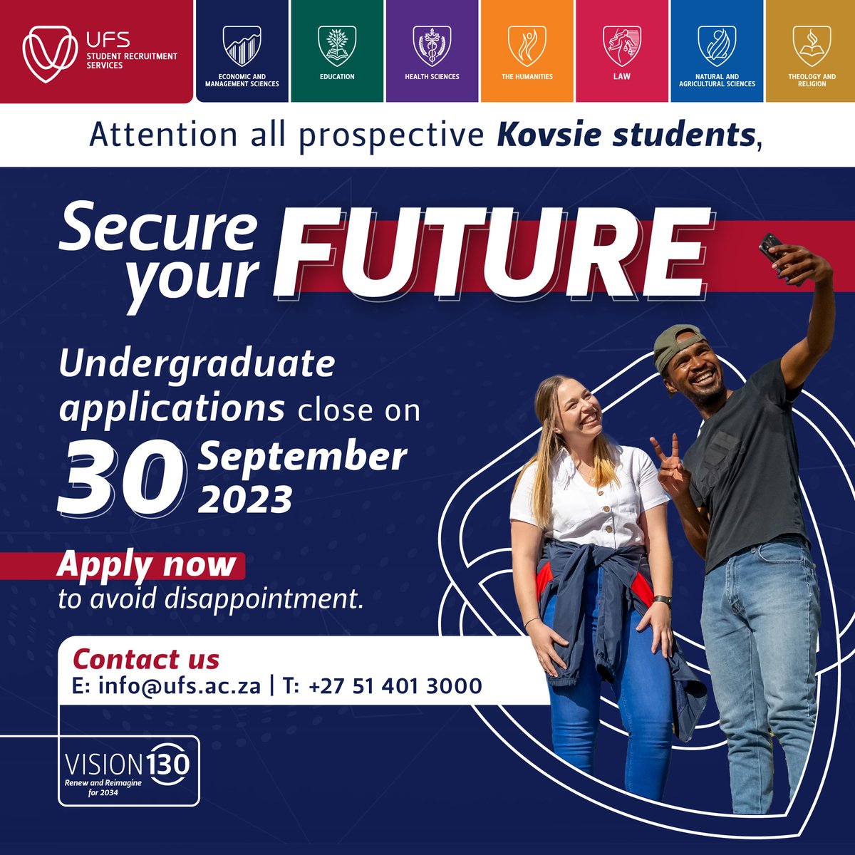 UFSweb's tweet photo. Attention prospective Kovsie students, 

Secure your future! Applications of non-selection undergraduate programmes close on 30 September 2023. 

🖥️🖱️ Apply now: https://t.co/VD3XDui6KD 

For more information contact: info@ufs.ac.za 

#StudyAtUFS | #UFSApplications2024 https://t.co/9Utl4owzPc