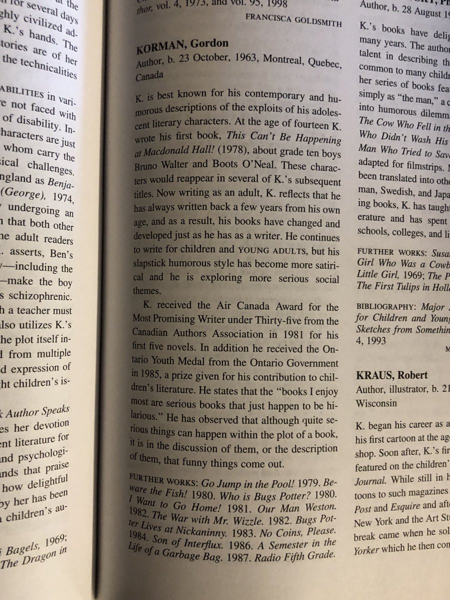 Theamelpos's tweet photo. So, just how old were Bruno and Boots in @gordonkorman's #MacdonaldHall series? I don't recall an age or grade level being identified explicitly.

Well, according to The Continuum Encyclopedia of Children's Literature (2001), it WAS: They were in Grade 10.
