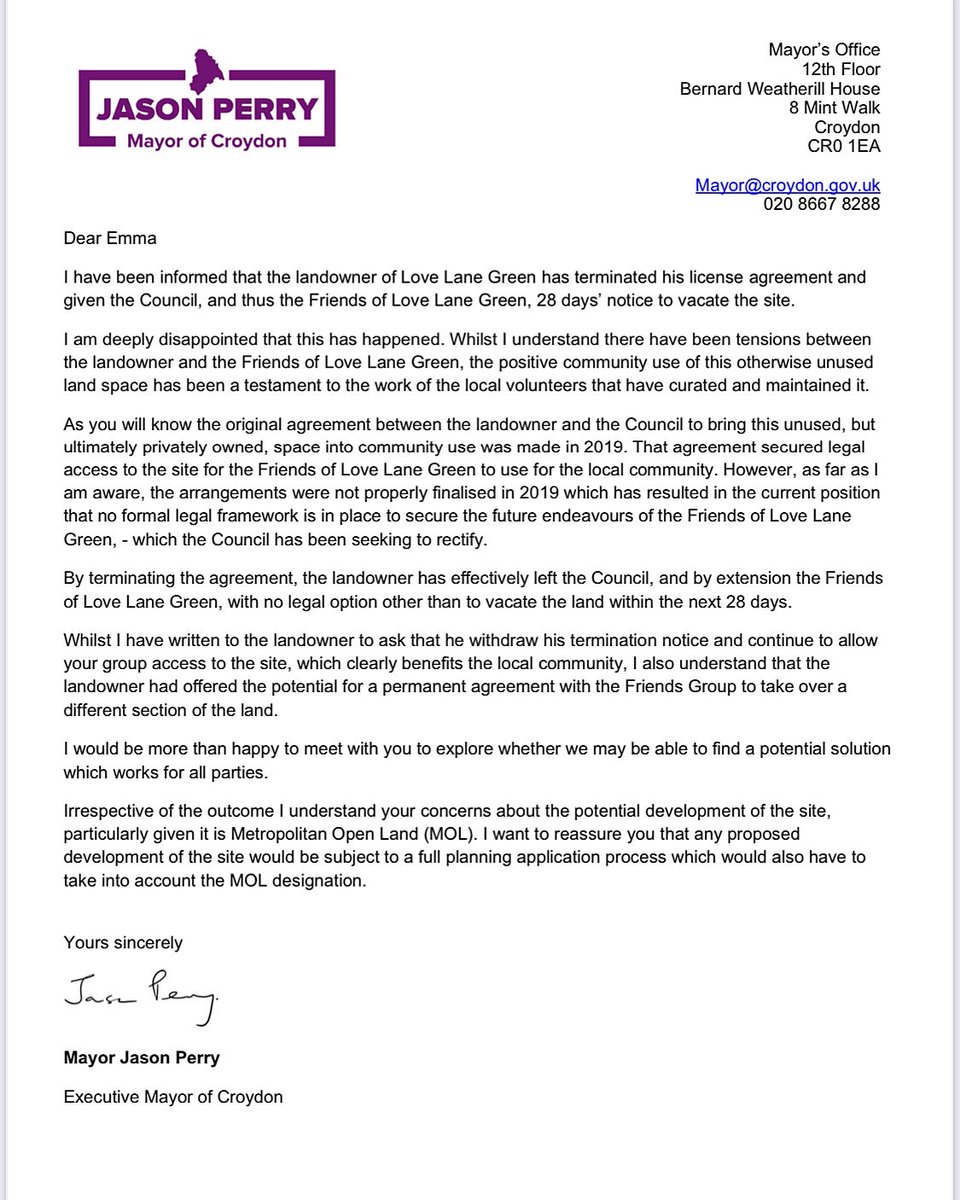 We have reached eviction day.  <a href="/JasonForCroydon/">Jason Perry - Mayor of Croydon</a> did not reply to our invite to <a href="/openhouselondon/">Open House Festival</a>, or reach out to the group. Today we appeal to <a href="/MayorofLondon/">Mayor of London, Sadiq Khan</a> with an #OpenLetter to protect #MetropolitanOpenLand. #SaveLoveLane <a href="/InsideCroydon/">Inside Croydon</a>