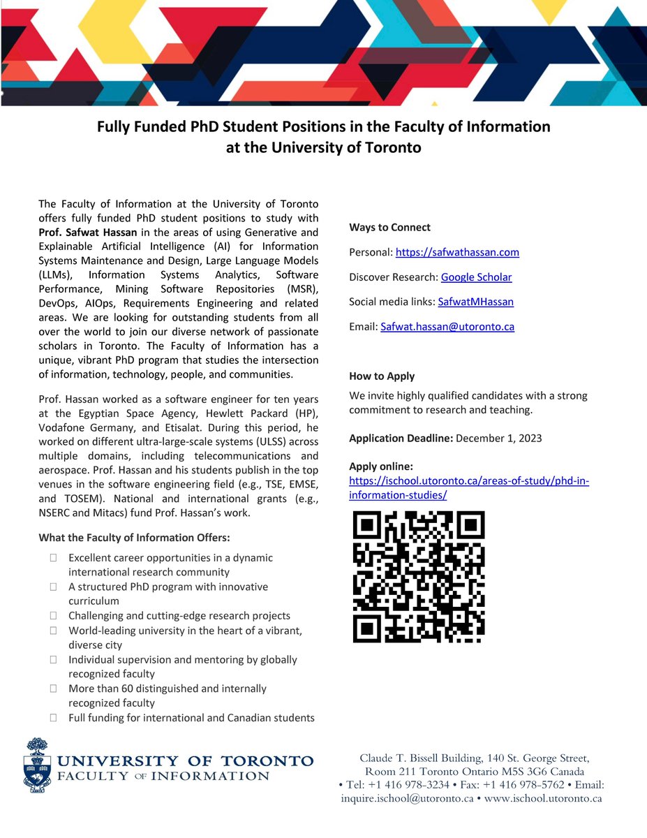 The Faculty of Information <a href="/UofT/">University of Toronto</a> offers fully funded PhD student positions to study w/ Prof. Safwat Hassan in Generative &amp; Explainable AI, LLMs, Info Systems Analytics, Software Performance, MSR, DevOps, AIOps, &amp; Requirements Engineering. Apply by Dec 1: ischool.utoronto.ca/areas-of-study…