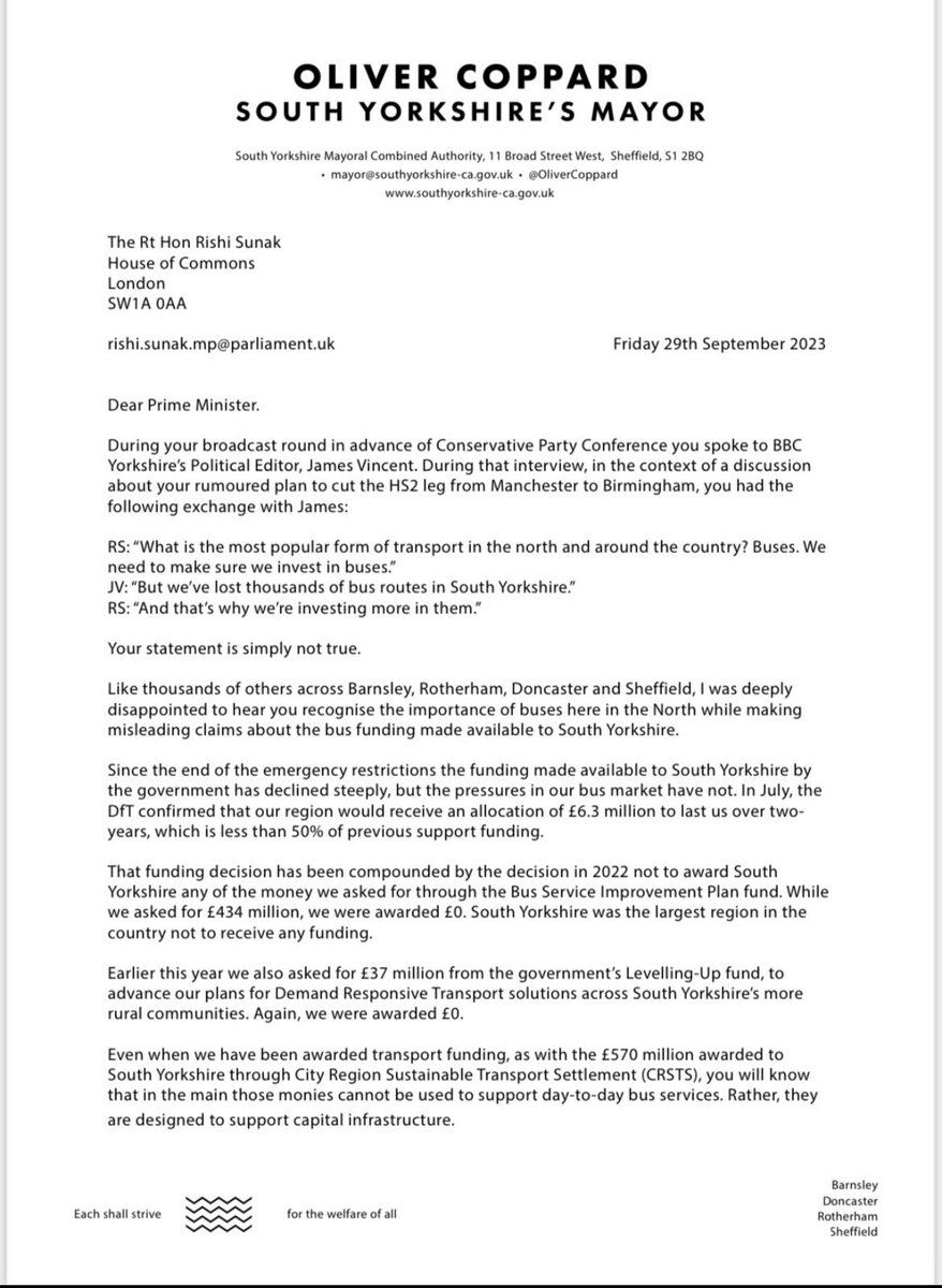 olivercoppard's tweet image. Yesterday @RishiSunak told @BBCLookNorth that his government were ‘investing more’ in buses in SY.

Today I’ve written to him to correct the record, to lay out the scale of the challenge facing our region and to explain how broken bus services are impacting our communities.