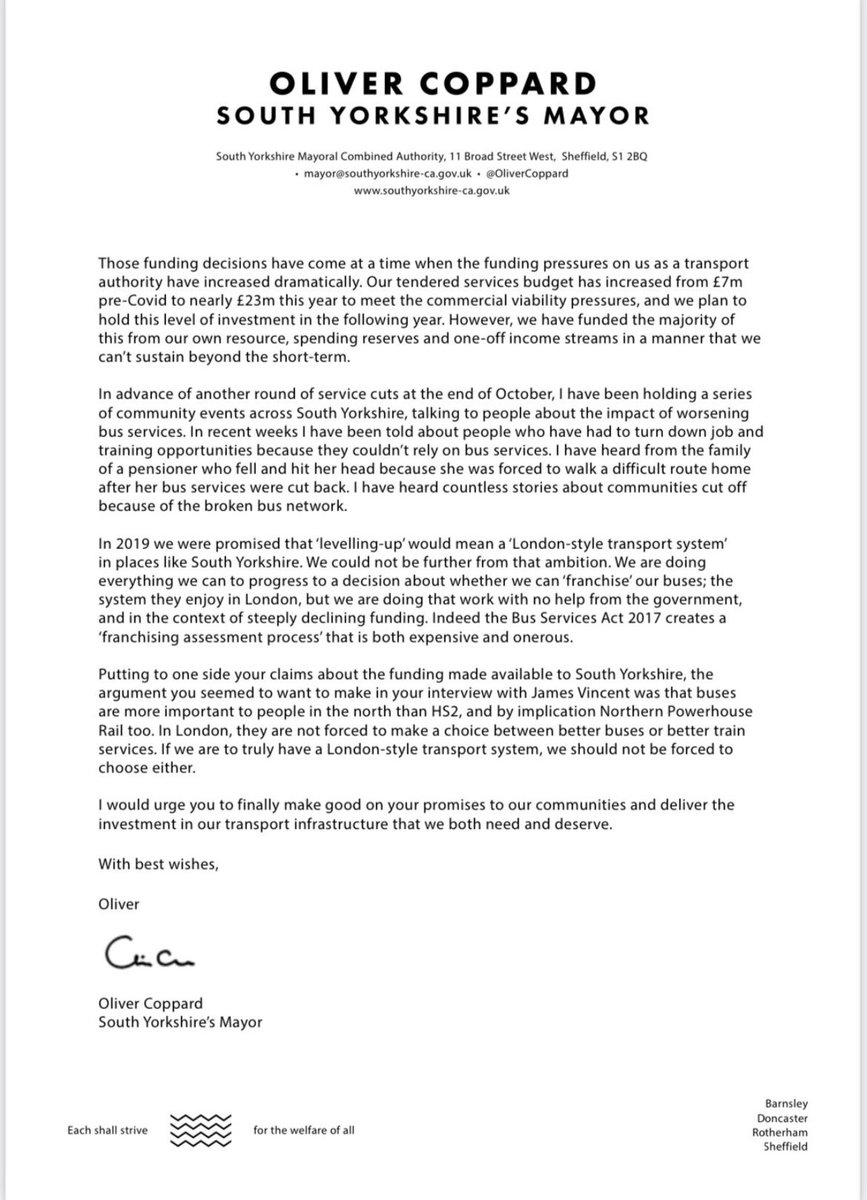 olivercoppard's tweet image. Yesterday @RishiSunak told @BBCLookNorth that his government were ‘investing more’ in buses in SY.

Today I’ve written to him to correct the record, to lay out the scale of the challenge facing our region and to explain how broken bus services are impacting our communities.