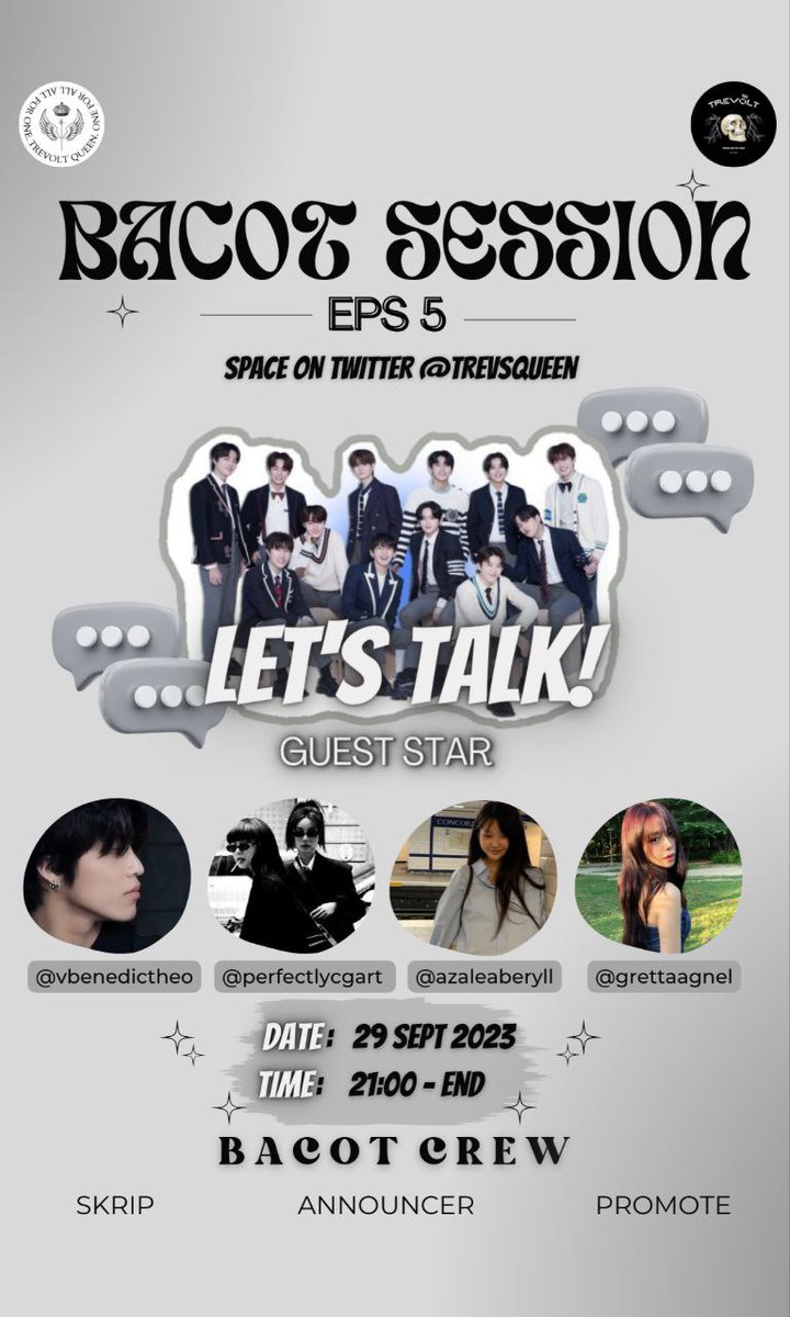 trevsqueen's tweet photo. Haii Bacoters!π
BS EPS 5 "Let's Talk"
Save the date:
Date: Jumat, 29 Sept 2023
Via: space on @trevsqueen
Time: 21:00 β END
GUEST STAR : @perfectlycgart
@vbenedictheo @grettaagnel @azaleaberyll
MEMANGGIL SELURUH CEGILπ’
#BacotSession #Civers #Trevolt #BarisanCewekTrevolt https://t.co/5CJ3qYCeZe