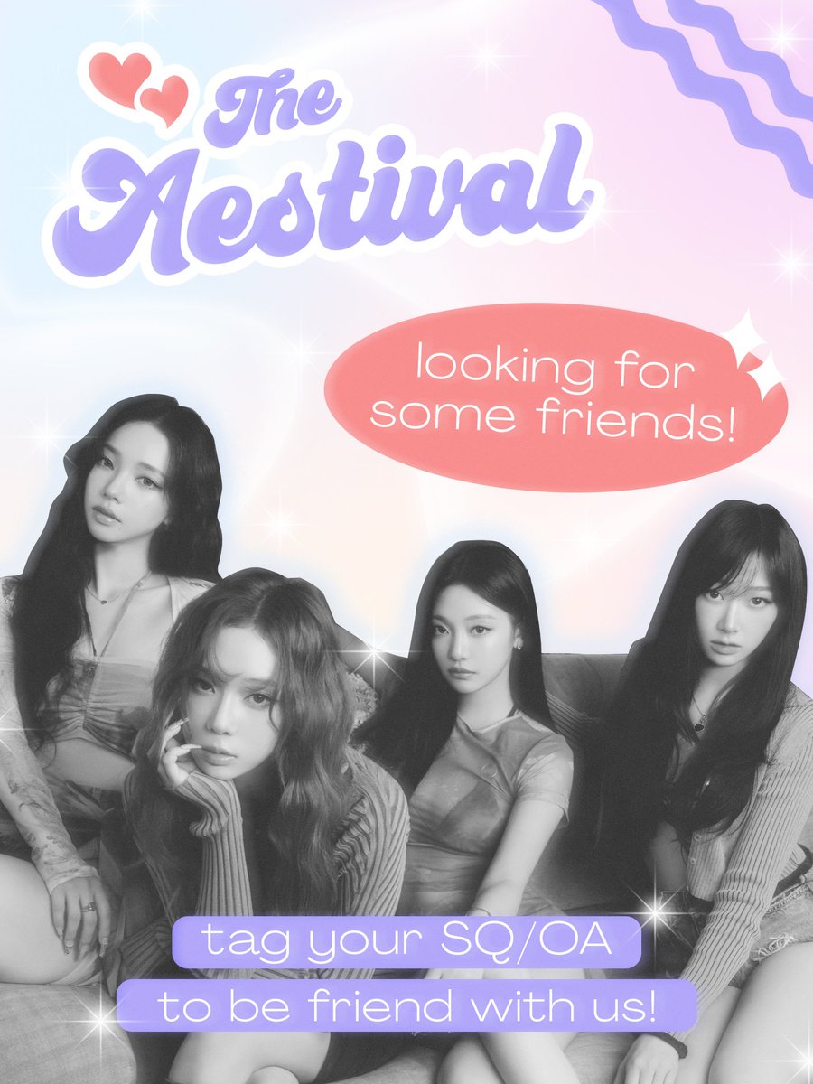 [RETWEET are appreciated]

Be my æ! Hi, we are The Aestival. We are looking for another SQ/OA to befriend with us. We welcome any squads as long as selective squad, including aespa squad.

Do leave your squad on the reply section by tagging them and we will hit you up. Thank you!