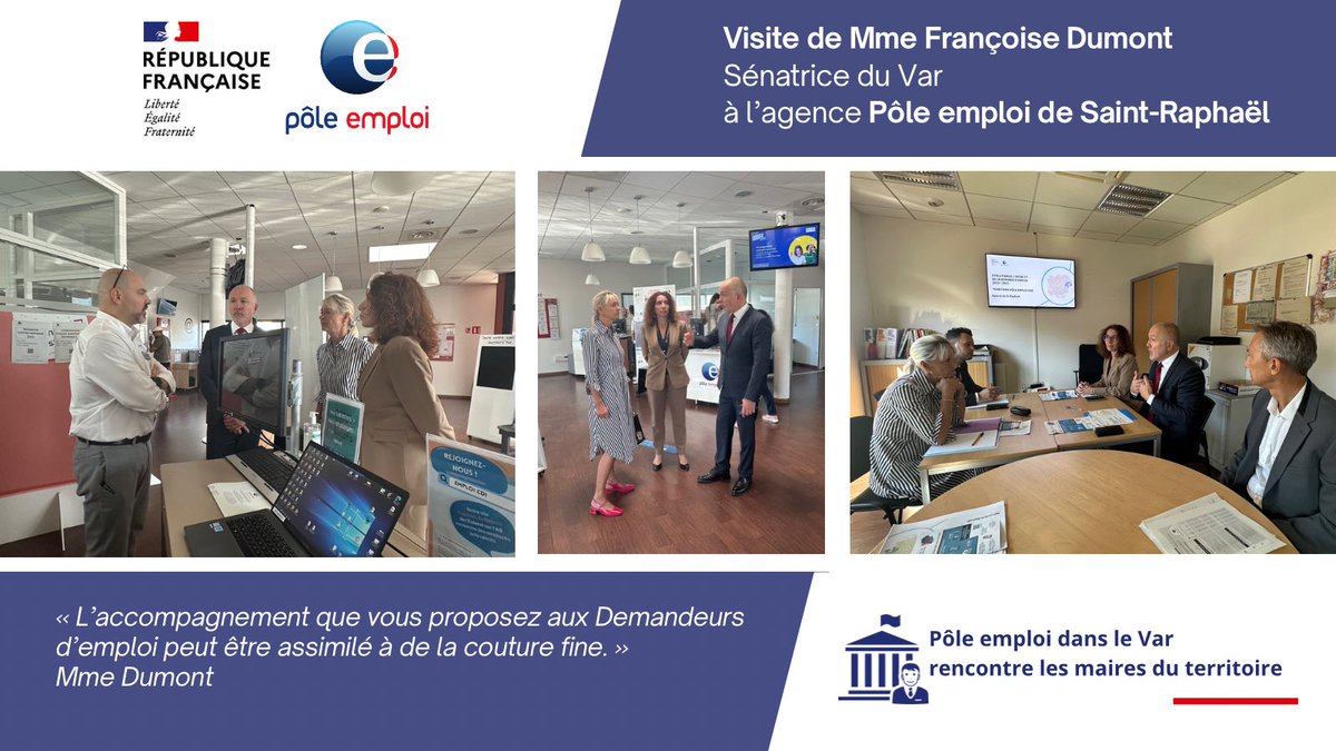 Visite ce jour de Mme Dumont <a href="/FrDumont83/">Françoise Dumont</a> Sénatrice du Var
à Pôle emploi #Saint_Raphaël
L’occasion de lui présenter l’Offre de Services #Pôleemploi en local
Méthodes de recrutement innovantes
&amp; accompagnements adaptés aux différents publics furent entre autres l’objet des échanges