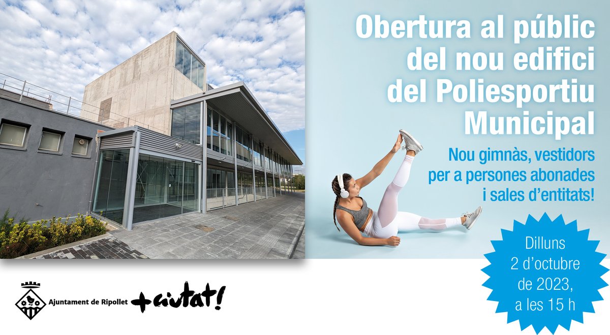 RipolletEsports's tweet photo. Us recordem que dilluns, a partir de les 15 h, ja podreu utilitzar les instal·lacions del nou edifici del Poliesportiu Municipal. Compta amb el nou gimnàs de 437 m² més terrassa, una nova consergeria, vestidors, oficines i magatzems.
@espaipublicAMB @diba @AjRipollet https://t.co/RKVsE7TbIg
