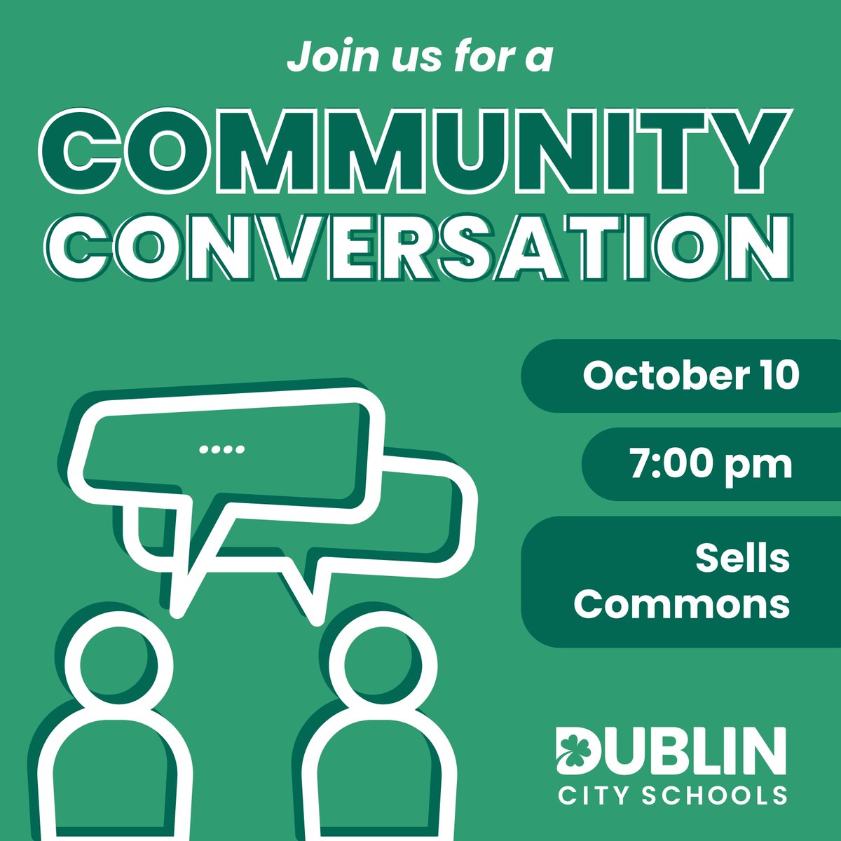 🏫🗣️ Dublin City Schools’ district leadership team is hitting the road. 🚌 Join us for our upcoming Community Conversation event at Sells Middle School to learn all the facts about the upcoming levy/bond issue. 📊

📅 October 10, 2023
🕒 7:00 pm
📍 Sells Commons