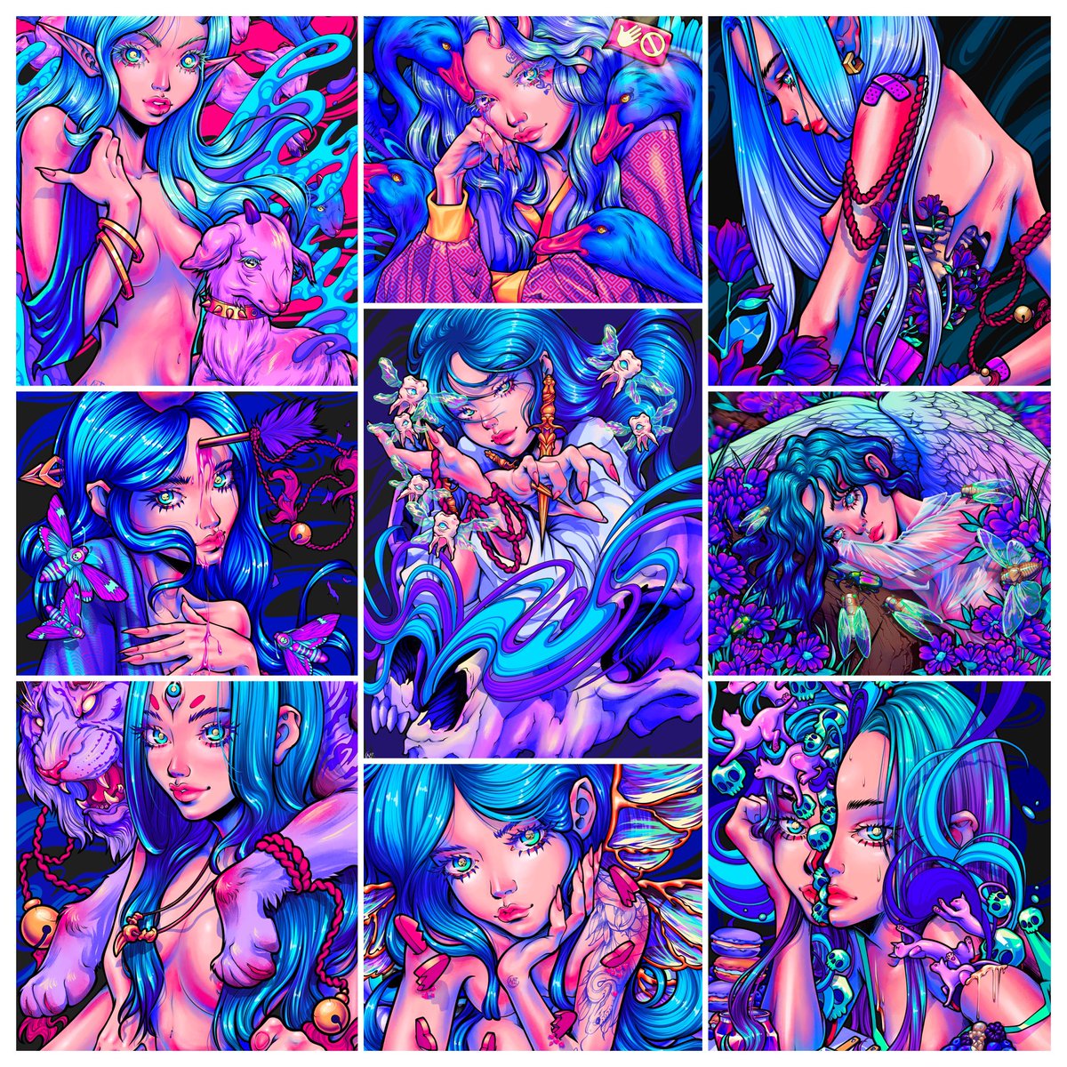 Hey fam👀 
This arts available on secondary market! 🔥🔥🔥 

From left to right

💙“Sheep” 
💙“Don’t touch” 
💙“Butterflies in stomach» 1/1
💙“Error” 
💙“Tooth for tooth” 1/1
💙“Cicadas” 1/1
💙“Predator” 
💙“Addiction” 
💙“Caramel” 1/1
Link/ artworks👇🏻
#objkt #TezosArts