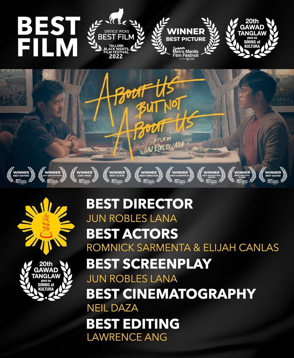Best Film, Best Director, Best Actors (tied), Best Screenplay, Best Cinematography and Best Editing for ABOUT US BUT NOT ABOUT US! Thank you to the 20th Gawad Tanglaw Para sa Sining at Kultura for all these awards! 

Now Streaming in the Philippines on <a href="/primevideoph/">Prime Video Philippines</a>