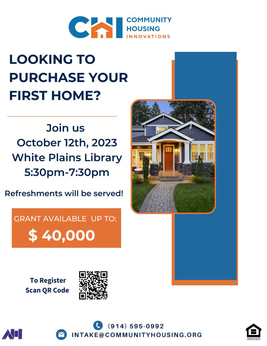 CHI_Community's tweet image. First Time Homebuyers Orientation at the White Plains Library on 10/12/23
 Register now and take that crucial step towards making your dream a reality.
communityhousing.org/events/
#Homeownership #FirstTimeHomeowner #HomeBuyer