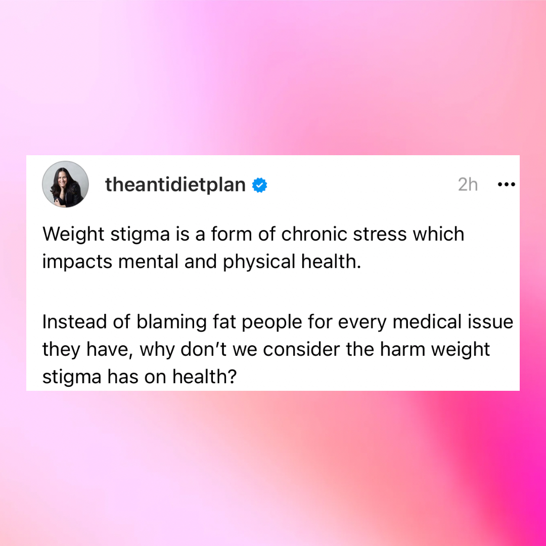 theantidietplan's tweet photo. Weight stigma is trauma. Trauma impacts our health.

This is a key piece that seems to be missing when the medical field talks about fatness and health. 

Instead of blaming fat people for every medical issue they experience, imagine if they were treated with dignity and respect https://t.co/kjqmBo3NS3