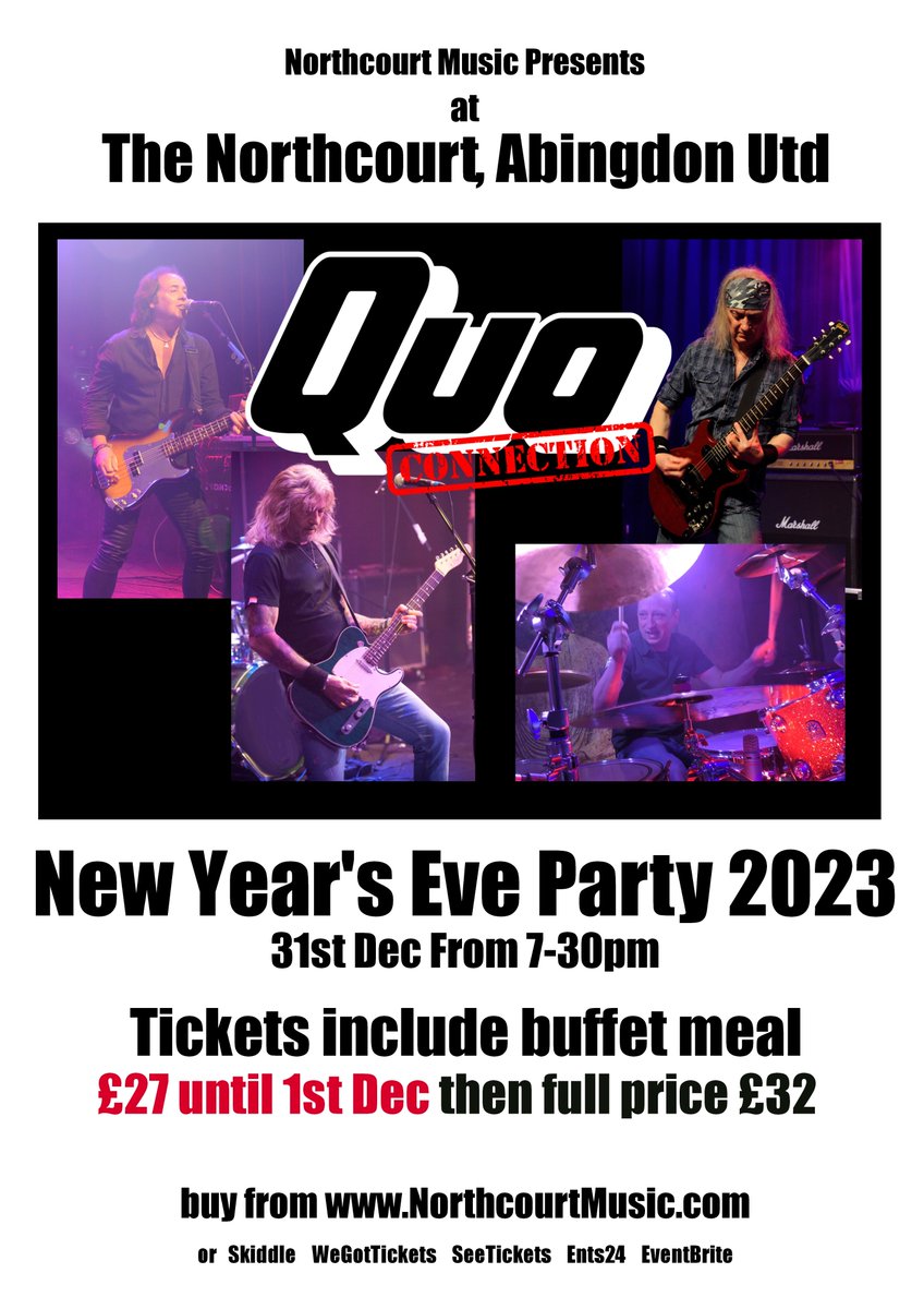 Our New Year's Eve Party will feature Quo Connection formerly John Coghlan's own band prior to his retiring from regular touring. Expect the absolute best Quo performance since Glasgow Apollo 1976 Live album! Each ticket includes a professionally catered top notch buffet meal