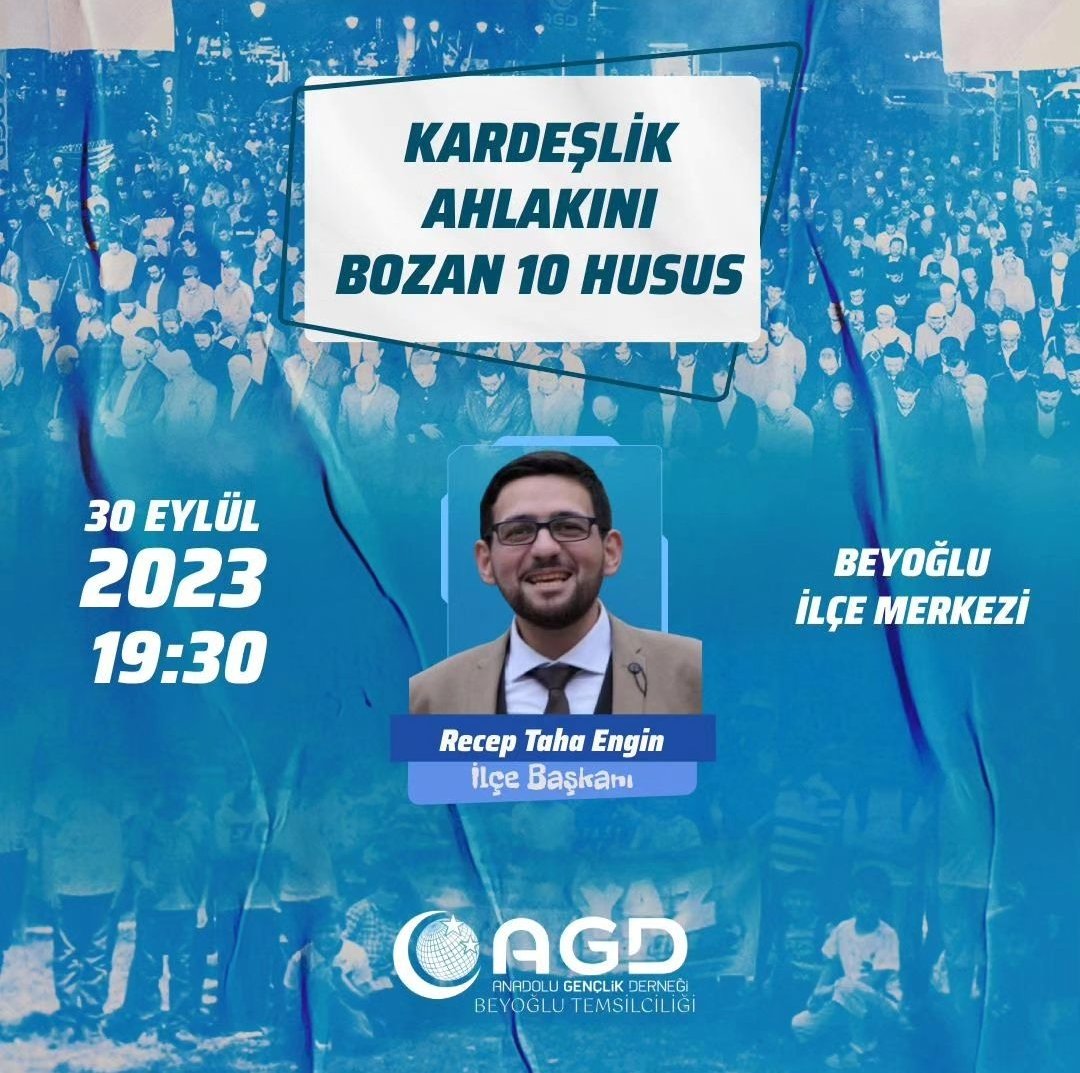 agdbeyoglu1's tweet photo. “Konferansa Davet”

İlçe Başkanımız Recep Taha Engin’in sunumuyla “KARDEŞLİK AHLAKINI BOZAN 10 HUSUS” konulu konferansımıza davetlisiniz.

🗓️ 30 Eylül Cumartesi 

⏰ 19:30

📍 İlçe Merkezi 

@agdorgtr 
@agdistanbul 
#agdbeyoglu https://t.co/eJlUUvIXjL