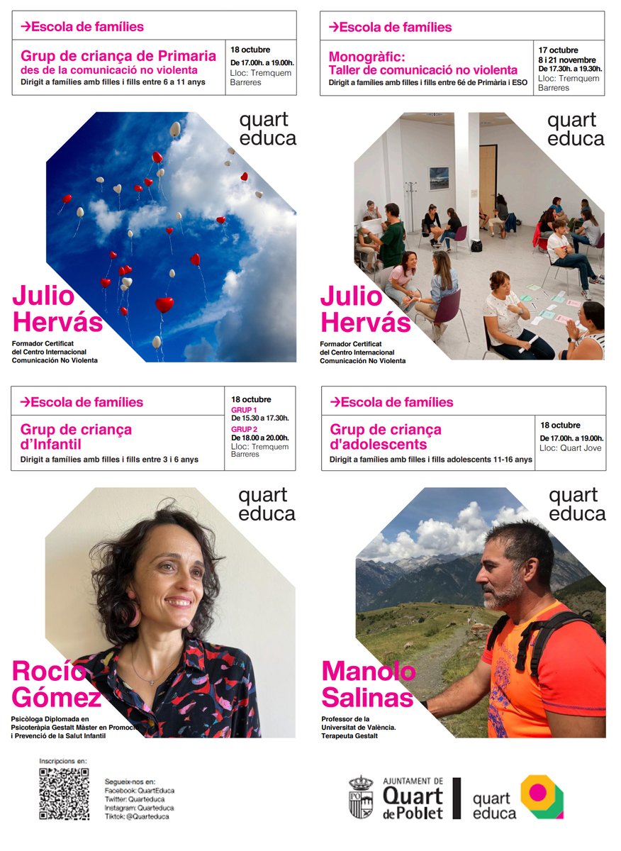 La Regidoria d'Educació ha représ els grups de suport a la criança per a famílies d'infantil, primària i secundària, així com el taller monogràfic de CNV per a famílies de 6é de primària i d'ESO.
Més info: quartdepoblet.es/areas/educacio…