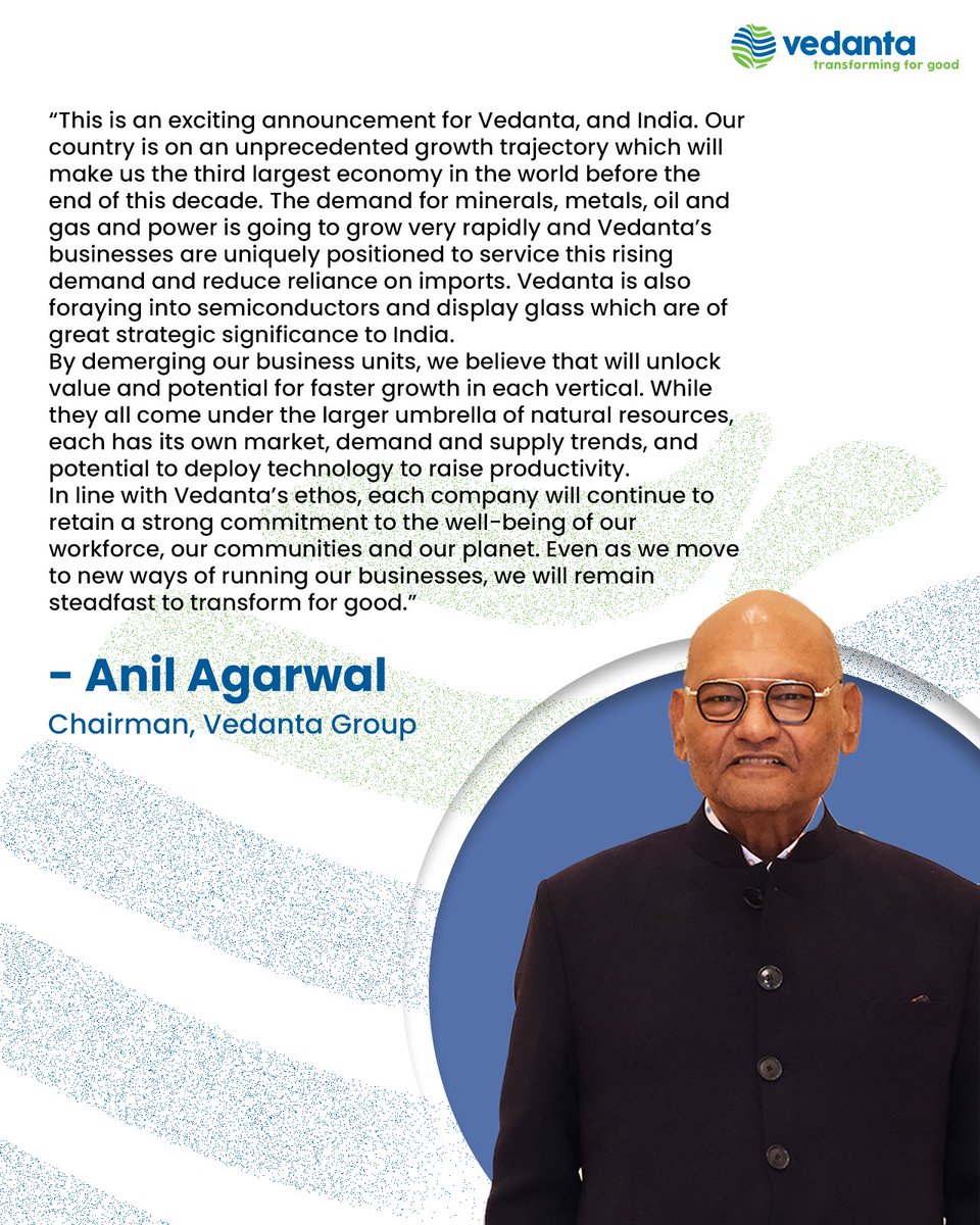 Vedanta_Group's tweet image. Vedanta Limited Board approved a pure-play, asset-owner business model that will result in six separate listed companies. Staying committed to delivering strong shareholder value, this move is intended to attract strategic investments in India&apos;s and the company&apos;s next phase of…