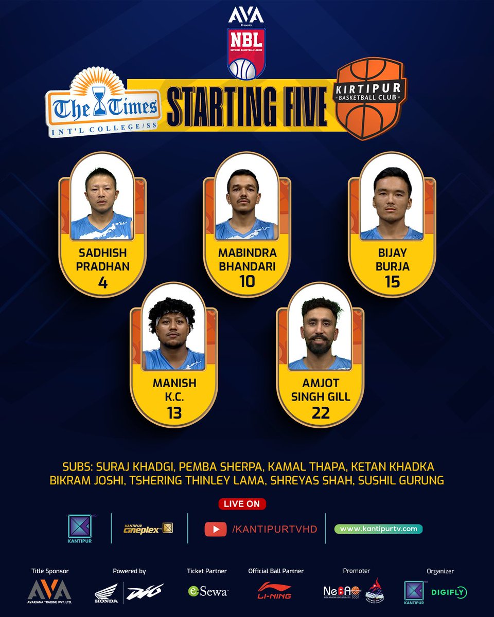 KantipurTVHD's tweet photo. Here are the Starting Five for Times Int'l College vs Kirtipur Basketball Club π€
Click the link below to watch live π
https://t.co/UACmkJ0DaB
#NBL #NBLNepal #JoshChhaJeetChha #NeBA #KantipurTVHD #Basketball #NepaliBasketball #TimesInternationalCollege #KirtipurBasketballClub https://t.co/2DsCmgnN2M