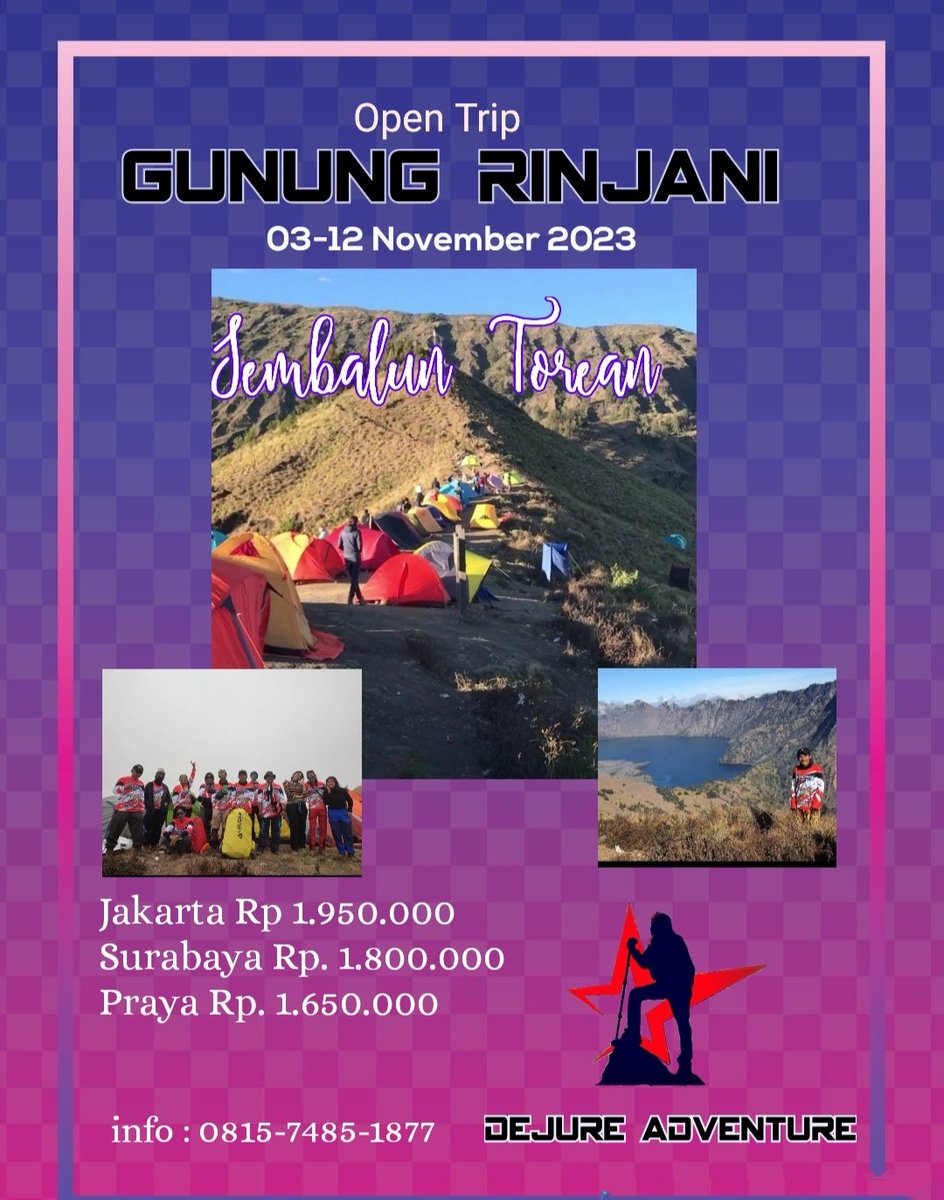 Kita buka lagi ya Rinjani utk November.. Minimal 16 pax. 
Utk Mepp Bandara Praya Lombok tdk ada batasan  peserta. 
All include kecuali perlengkapan Pribadi.. 
(Sleeping bagian, Headlamp, Trackingpol, obat2an pribadi). 
Mepp jakarta Pondok Labu dan UKI Cawang..