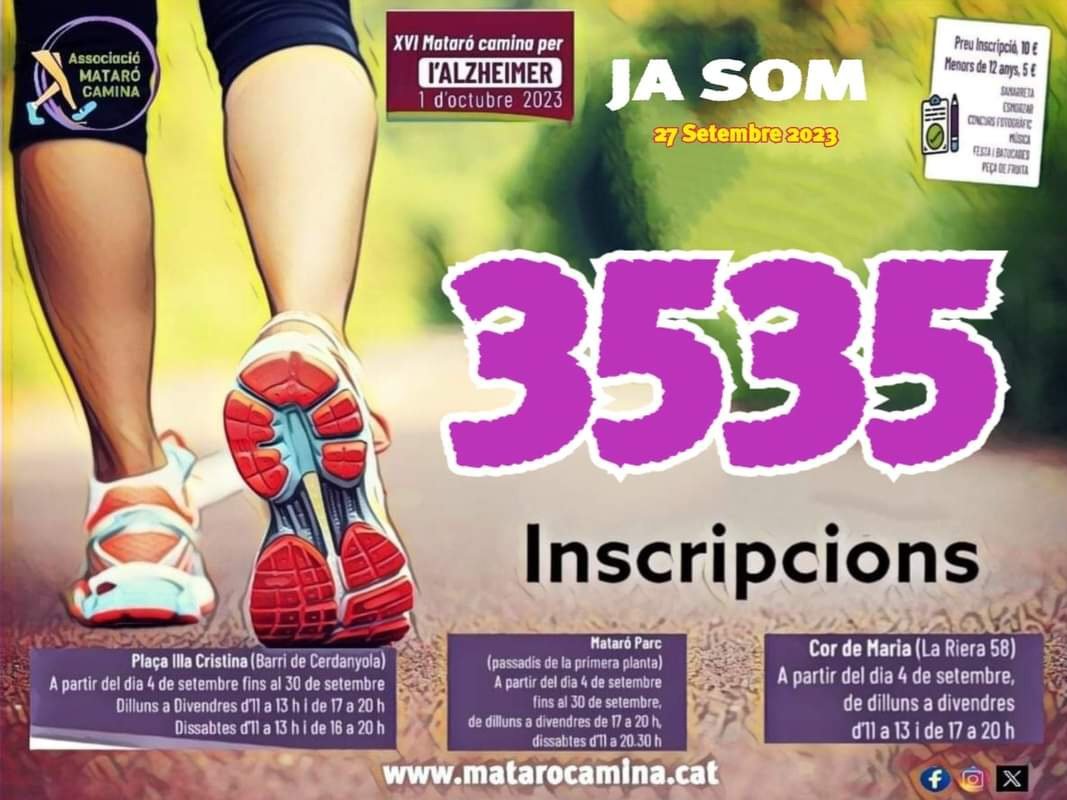 Ja som quasi 4000, endavant la solidaritat! 💪🏽😎 tenim avui i demà per fer inscripcions! a :
matarocamina.cat
<a href="/matarocat/">Ajuntament de Mataró</a> @caminadaAlzheimer23
<a href="/joaquimtf/">Quim Torres</a>