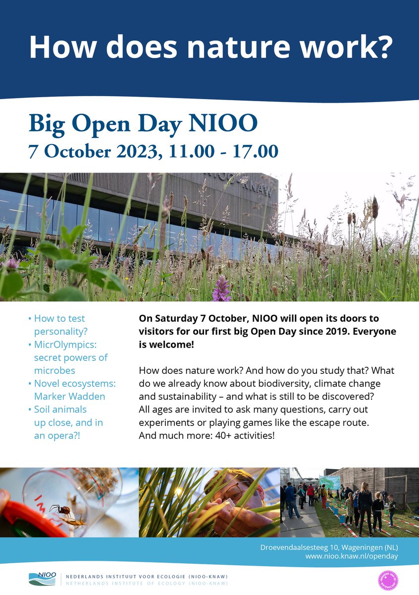 niooknaw's tweet photo. Very welcome at our big Open Day on Saturday 7 October!

How does nature work?

And how do you investigate that...
40+ activities to engage in!

Hotspot of the National Science Weekend in the Netherlands!
https://t.co/yM0de7pNpJ @Wetenschap_NL #WvdW2023 #Wageningen https://t.co/9gc3pmhPEk