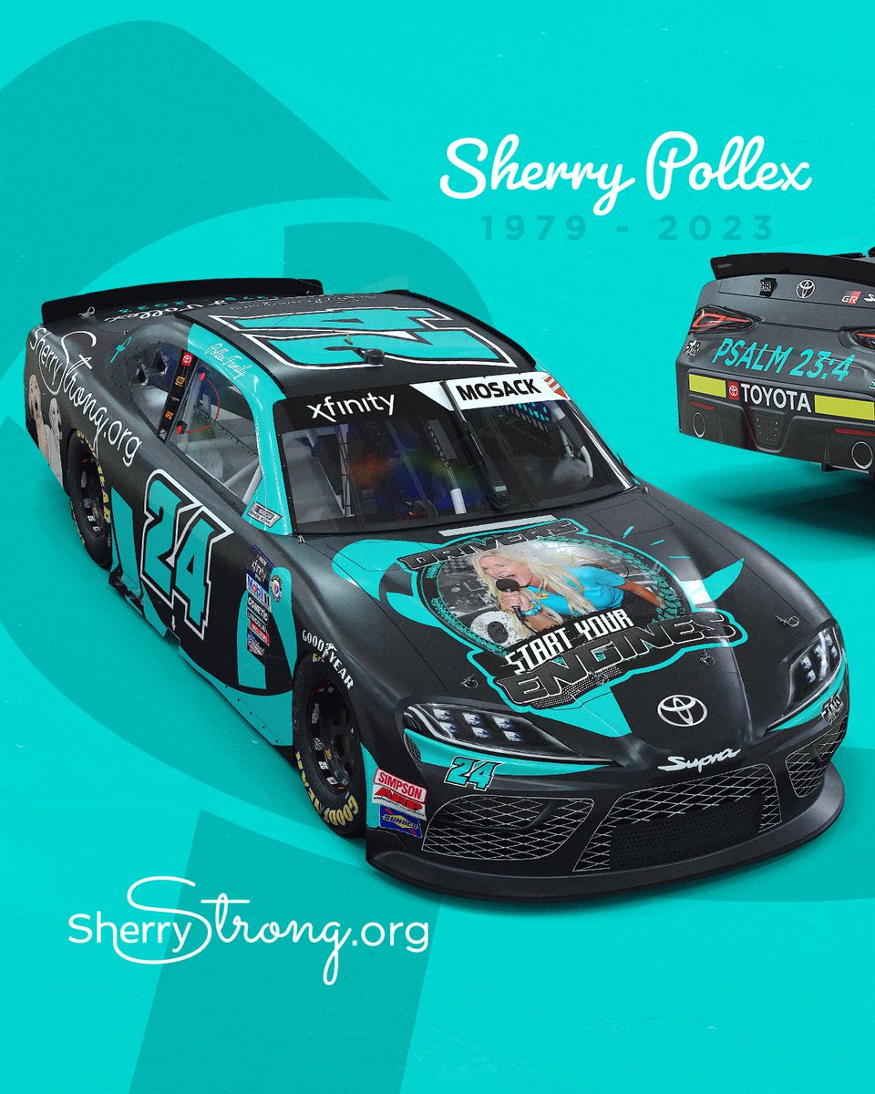SamHuntRacing's tweet image. For Sherry 🩵

To honor the life and legacy of Sherry Pollex, a friend and inspiration to many, @SherryStrongOC will adorn Sam Hunt Racing’s No. 24 GR Supra at the @CLTMotorSpdwy ROVAL on Saturday, October 7th.

#SherryStrong