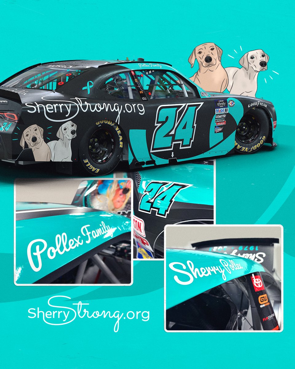 SamHuntRacing's tweet image. For Sherry 🩵

To honor the life and legacy of Sherry Pollex, a friend and inspiration to many, @SherryStrongOC will adorn Sam Hunt Racing’s No. 24 GR Supra at the @CLTMotorSpdwy ROVAL on Saturday, October 7th.

#SherryStrong