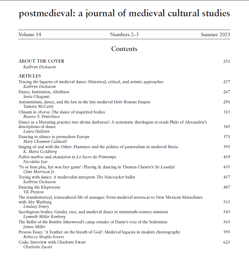 Double-issue alert! 🚨 At last, LEGACIES OF MEDIEVAL DANCE, edited with such verve by @DrDickason, is complete. The articles should be FREE TO VIEW for the next 3 weeks! Download 'em now, #medievaltwitter; it's an amazing line-up. link.springer.com/journal/41280/… ✨🕺💃 🎶 Please share!