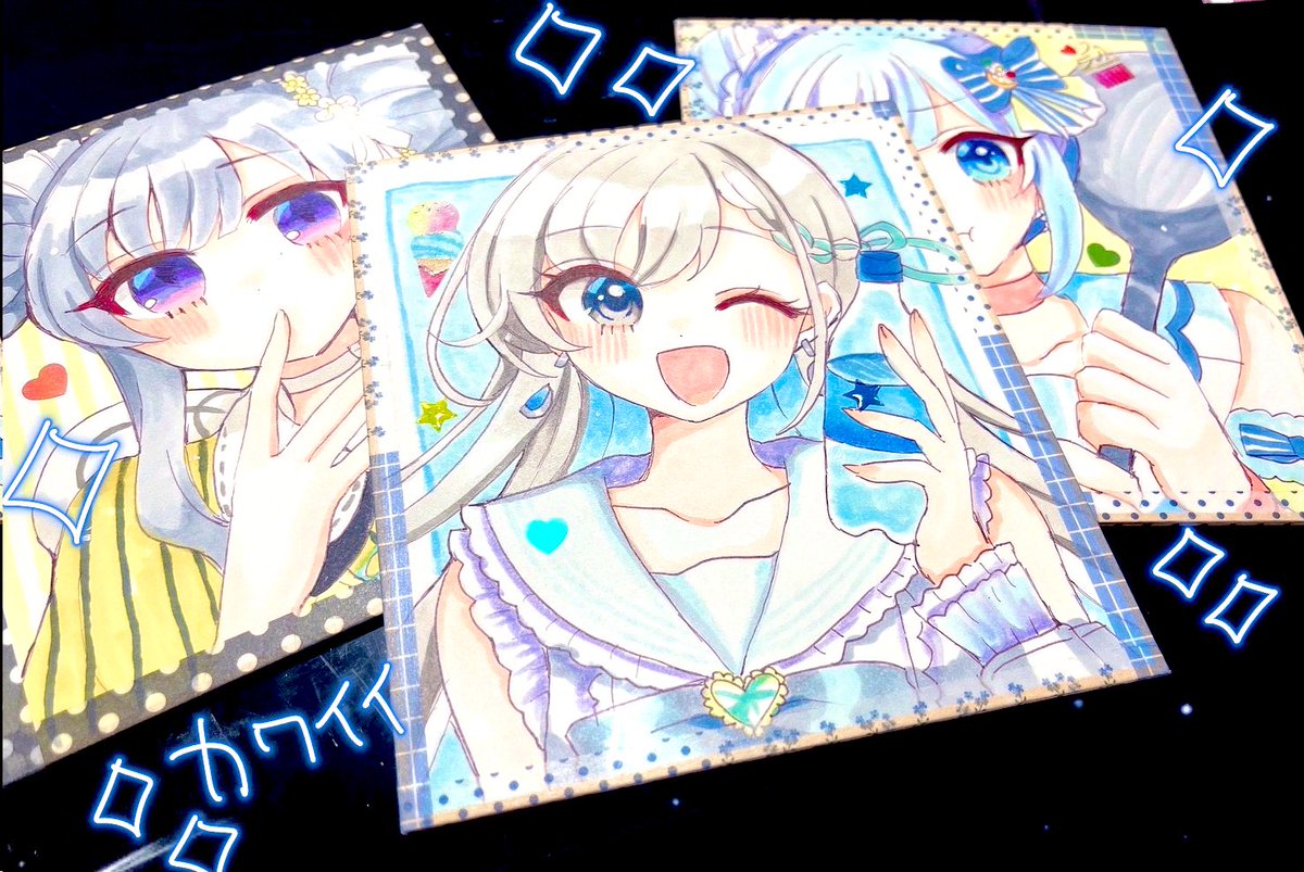 #カラマス 色紙出来た〜!ジューシィな感じで衣装選んだ🫶久川颯、幽谷霧子、白石紬の3人です⛄️こちら3点と100チャレ本を【う-23】にて委託させていただきます〜🥰かわいい!