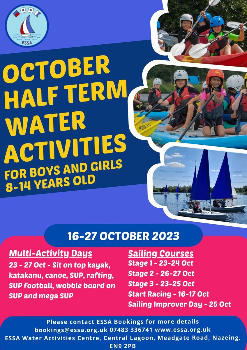 OCTOBER HALF TERM ACTIVITIES
16-27 October
We are running our popular multi activity days and sailing courses
#sailing #multiactivities #wateractivities #herfordshire #essex #leevalley #leevalleypark #halfterm
Book via our website
essa.org.uk/events/october…