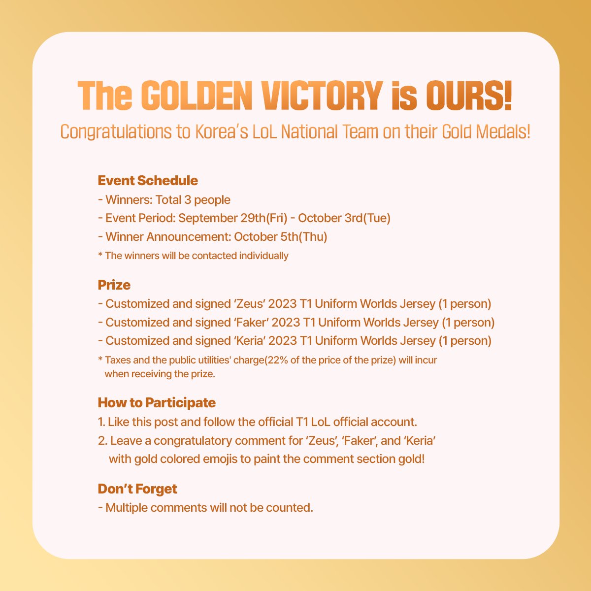 T1LoL's tweet photo. 금빛으로 물들어~🥇⭐👑🌟🏆🤴🏻🏅

Paint it GOLD!🥇⭐👑🌟🏆🤴🏻🏅

#T1WIN #T1Fighting #2022항저우아시안게임 #19thAsianGamesHangzhou2022 https://t.co/qmu28pePtZ