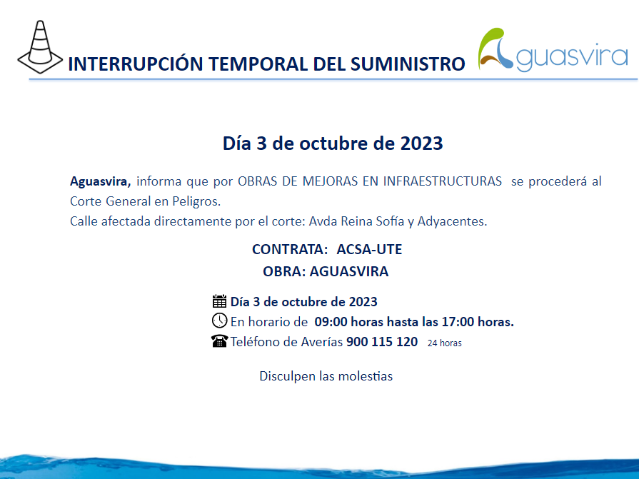 📢AVISO!!! Corte programado en #Peligros
📆Martes 3 de octubre de ⏰09:00h a 17:00h
Obras de mejora en infraestructuras
Puede quedar afectada parcialmente, alguna zona adyacente. Disculpen las Molestias.