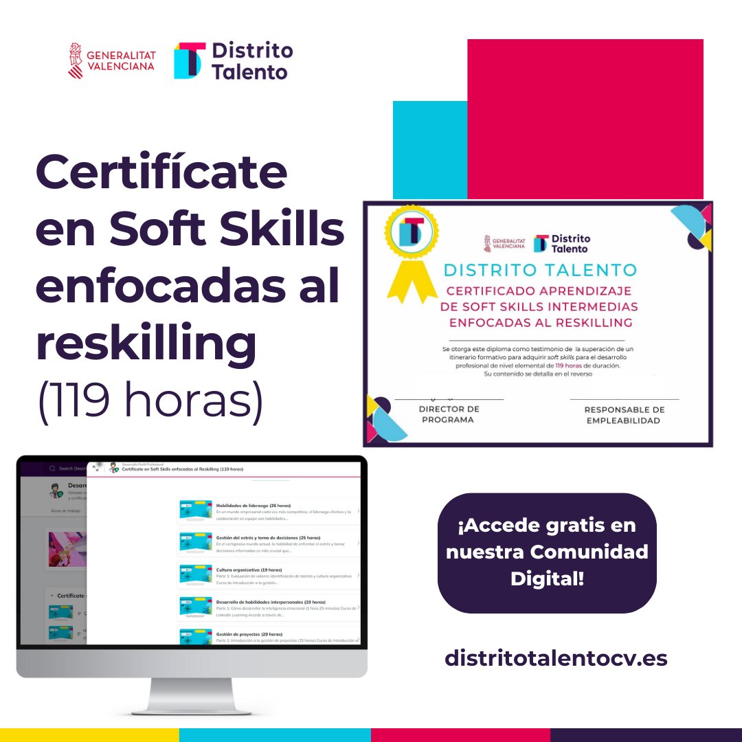 DD_Talento's tweet photo. 🎓 Consigue un certificado final en #SoftSkills enfocadas al #reskilling con #DistritoTalento:

Habilidades de #liderazgo
Gestión del estrés y toma de decisiones
Cultura organizativa
Desarrollo de habilidades interpersonales

https://t.co/lfLep65Gjz https://t.co/ATpD7p65YO