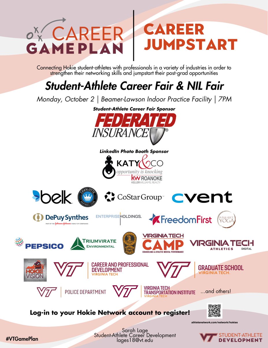 VT S-A Development (@vtsadevelopment) on Twitter photo Career Jumpstart: Student-Athlete Career Fair & NIL Fair is right around the corner! Thank you to our sponsors <a href="/federatedins/">Federated Insurance</a> and Katy & Co!
<a href="/hokiesports/">HokieSports</a> <a href="/VTSAAC/">VT SAAC</a> <a href="/VT_SAASS/">Virginia Tech SAASS</a> #VTGamePlan Career Jumpstart: Student-Athlete Career Fair & NIL Fair is right around the corner! Thank you to our sponsors <a href="/federatedins/">Federated Insurance</a> and Katy & Co!
<a href="/hokiesports/">HokieSports</a> <a href="/VTSAAC/">VT SAAC</a> <a href="/VT_SAASS/">Virginia Tech SAASS</a> #VTGamePlan