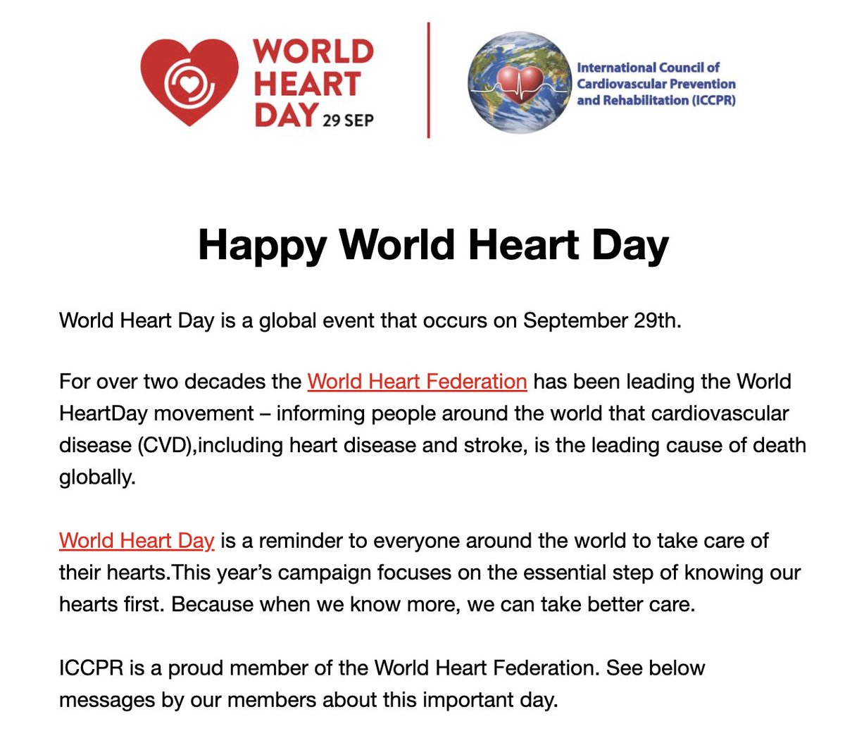 Today is #WorldHeartDay 🌎❤️ Read the full message here: mailchi.mp/ea116094729a/t… #UseHeartKnowHeart