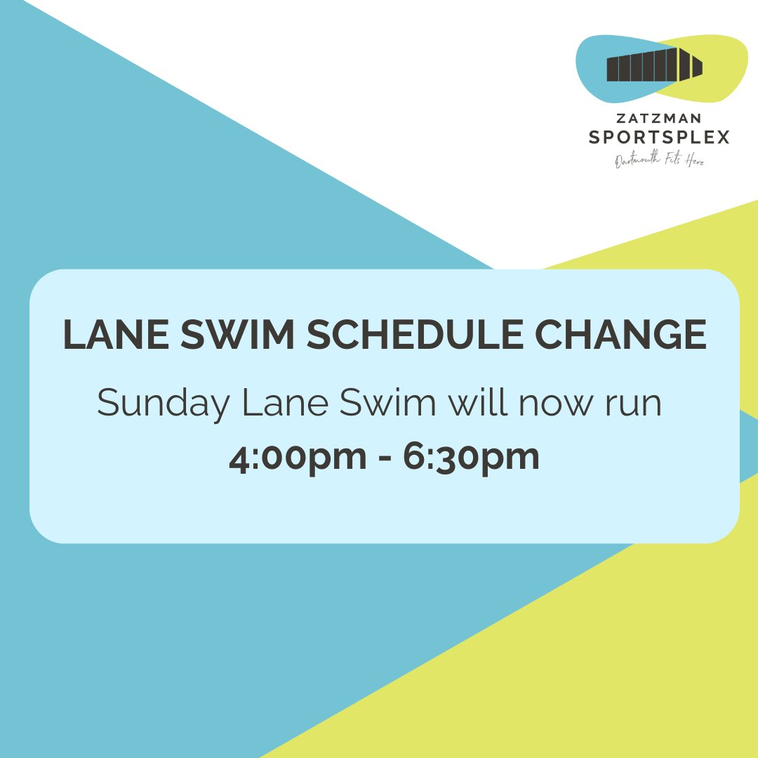 Heads up!
Starting this weekend, our Sunday Lane Swim will now run from 4:00-6:30 pm.
See you in the pool!