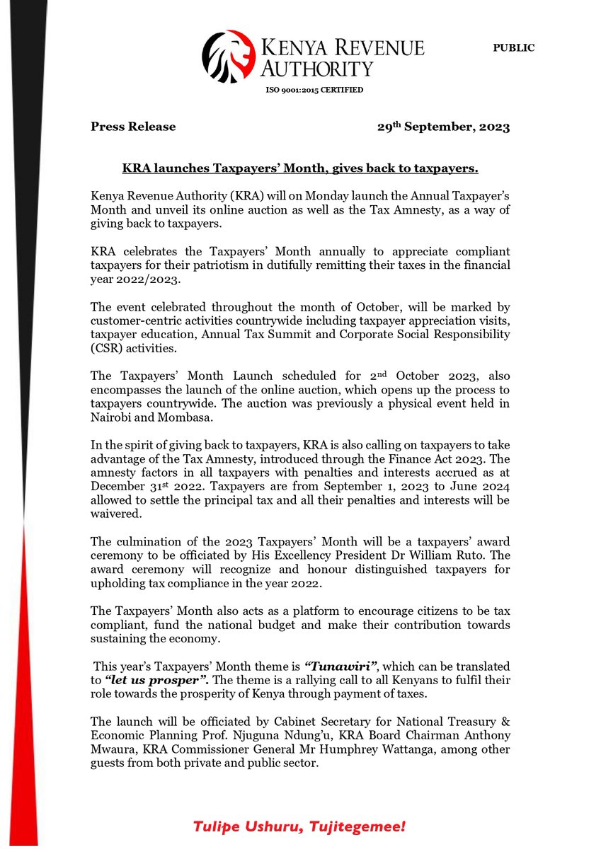 KRACorporate's tweet photo. #KRAUpdates
KRA launches Taxpayersโ Month, gives back to taxpayers.
#TaxpayersMonth2023 #TushirikianeTunawiri https://t.co/H271VarqJx