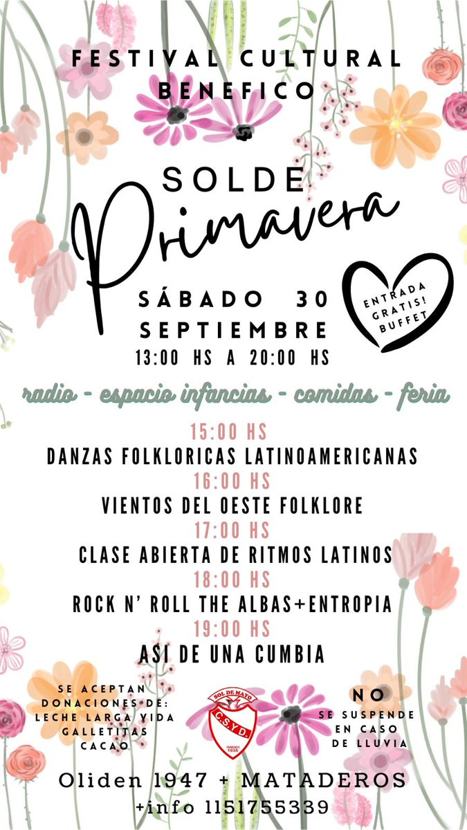 colectiva9's tweet photo. • Festival Cultural•
#SoldePrimavera 🌼☀️🌈
🗓 Mañana sábado 30
🕐 De 13 a 20 hs nos sumamos a este encuentro benéfico por y para el barrio 💪💜 en Club Sol de Mayo
📍Oliden 1947
¡Seguimos tejiendo redes!
¡Te esperamos! https://t.co/ydNeX8mmDP