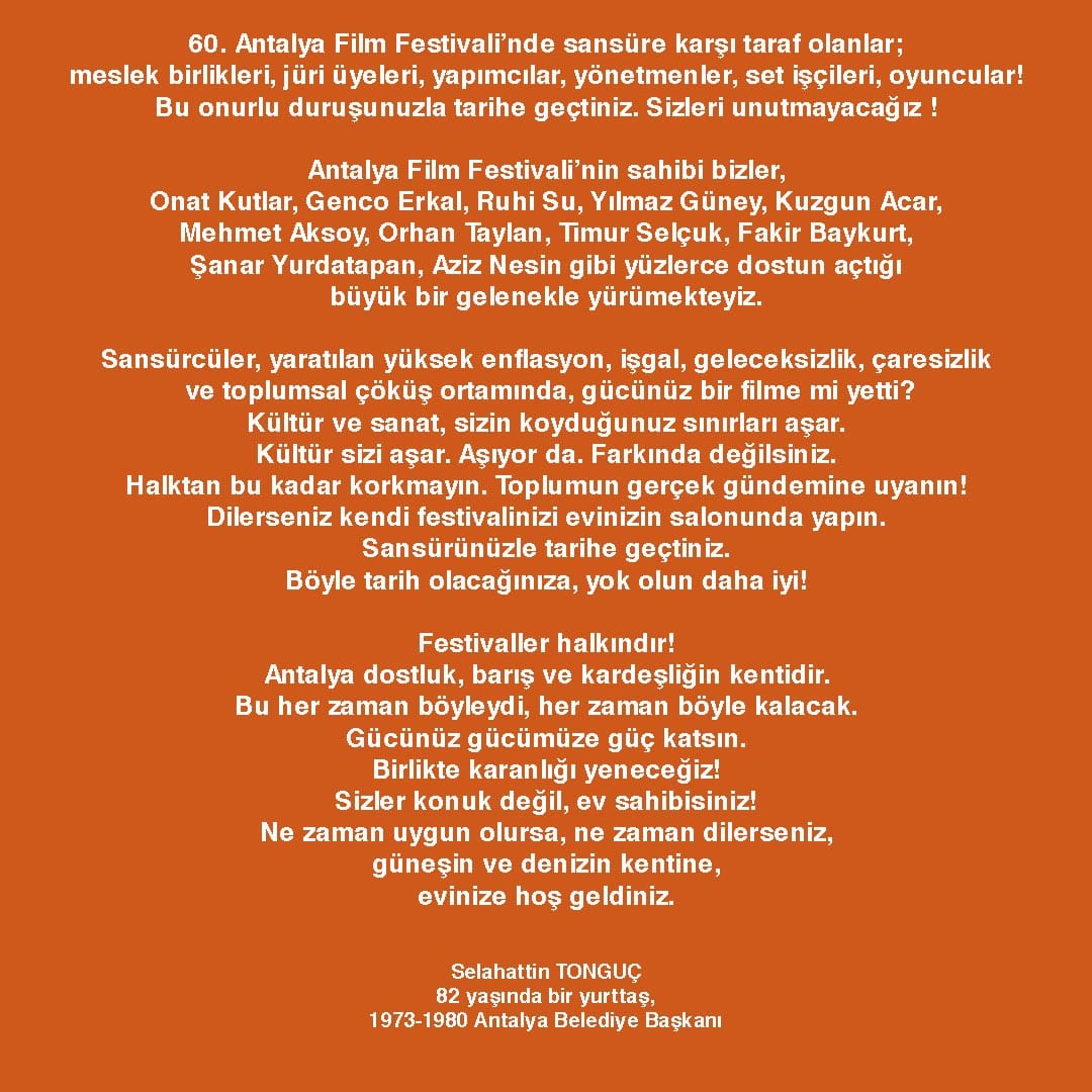 #antalya #chp #freedom #özgürlük #demokrasi #adalet #selahattintonguç #selahattintonguc #antalyaff #sansür #sansürsüz #sansürükabuletmiyoruz #antalyaff2023 #senaristbir #türktabiplerbirliği #belgeselsinemacılarbirliği #kültür #culture #sanat #censorship #sinema #altınportakal