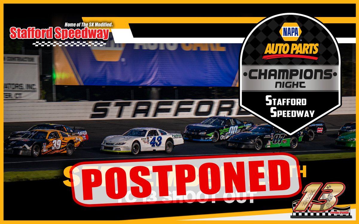StaffordSpeedwy's tweet photo. The weather wins again 😔

Tonight's NAPA Auto Parts Champions Night has been postponed to Friday, October 6th. 

We'll try again next week. https://t.co/zFN9YIR267