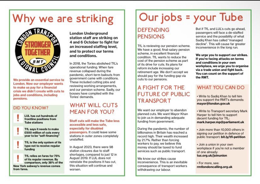 Myself and my workmates on London Underground stations are on strike on Wednesday and Friday next week. This leaflet explains why. Please share widely. rmtlondoncalling.org.uk/content/passen… @RMTLondon @RMTunion @strike_map @Troublem8kers