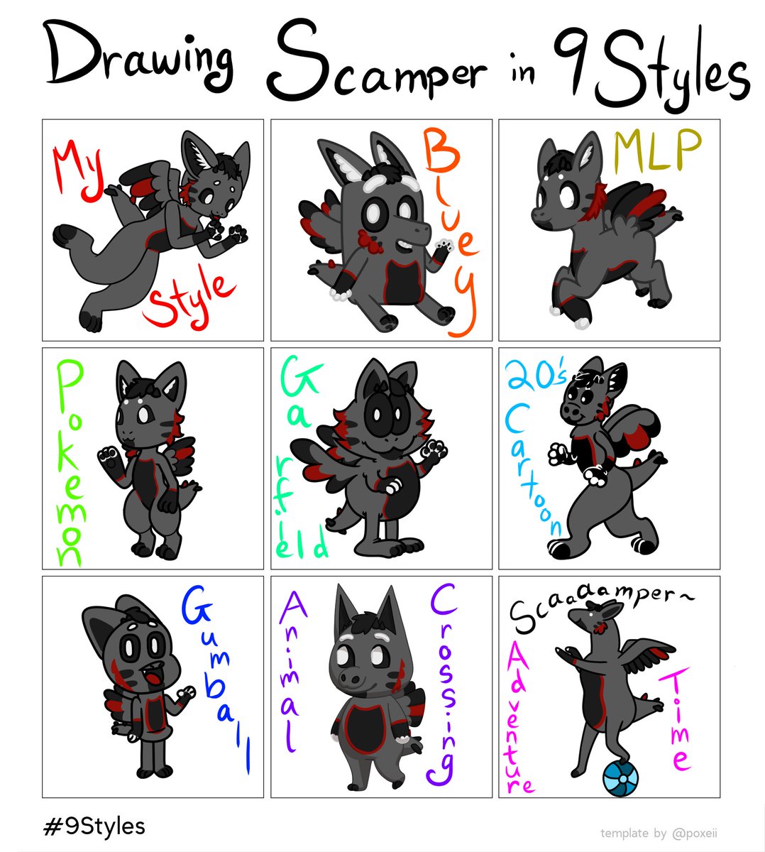ScamperAnglDerg's tweet photo. Thanks to everyone who suggested art styles for my #9styles challenge! Here I am in different art styles!
My favorites (besides my original style) here are Bluey and Adventure Time. My least favorite is Gumball, sorry. https://t.co/U5mL7hkHkF