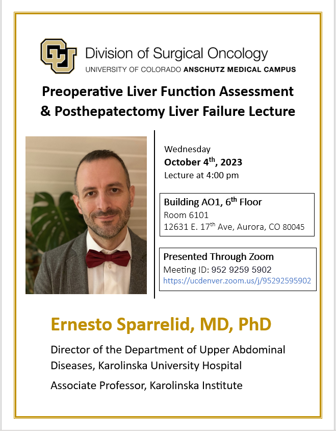 Join us next week for this insightful guest lecture by Dr. Ernesto Sparrelid, MD, PhD, on Preoperative Liver Function Assessment & Posthepatectomy Liver Failure, hosted by the Division of Surgical Oncology! @sparrelid @CUDeptSurg