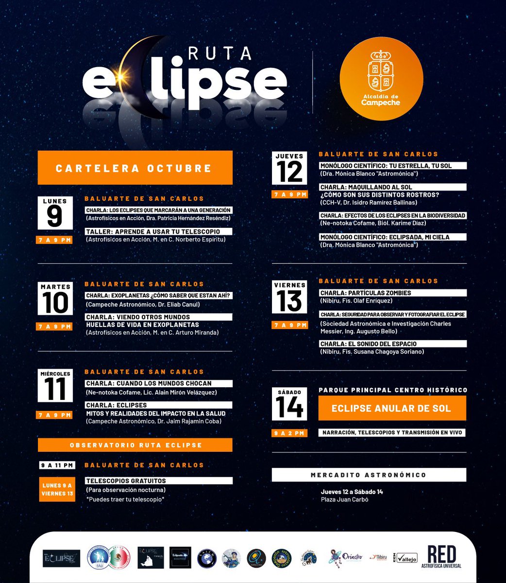 Estamos listos para disfrutar
la semana del 𝗘𝗖𝗟𝗜𝗣𝗦𝗘 🌞🌚

Disfruta de todas las actividades gratuitas que tenemos para ti del 9 al 14 de octubre.

Campeche #CapitalAmable 🧡
